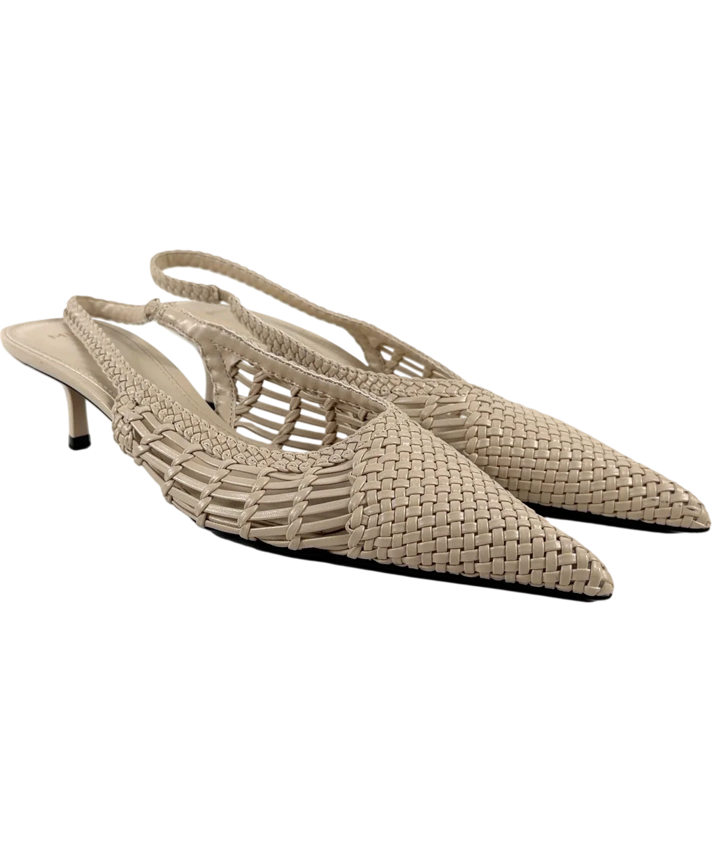 MNG Beige Woven Toe Cap Slingback Kitten Heel Pumps, size UK 6 EU 39 👠 — front