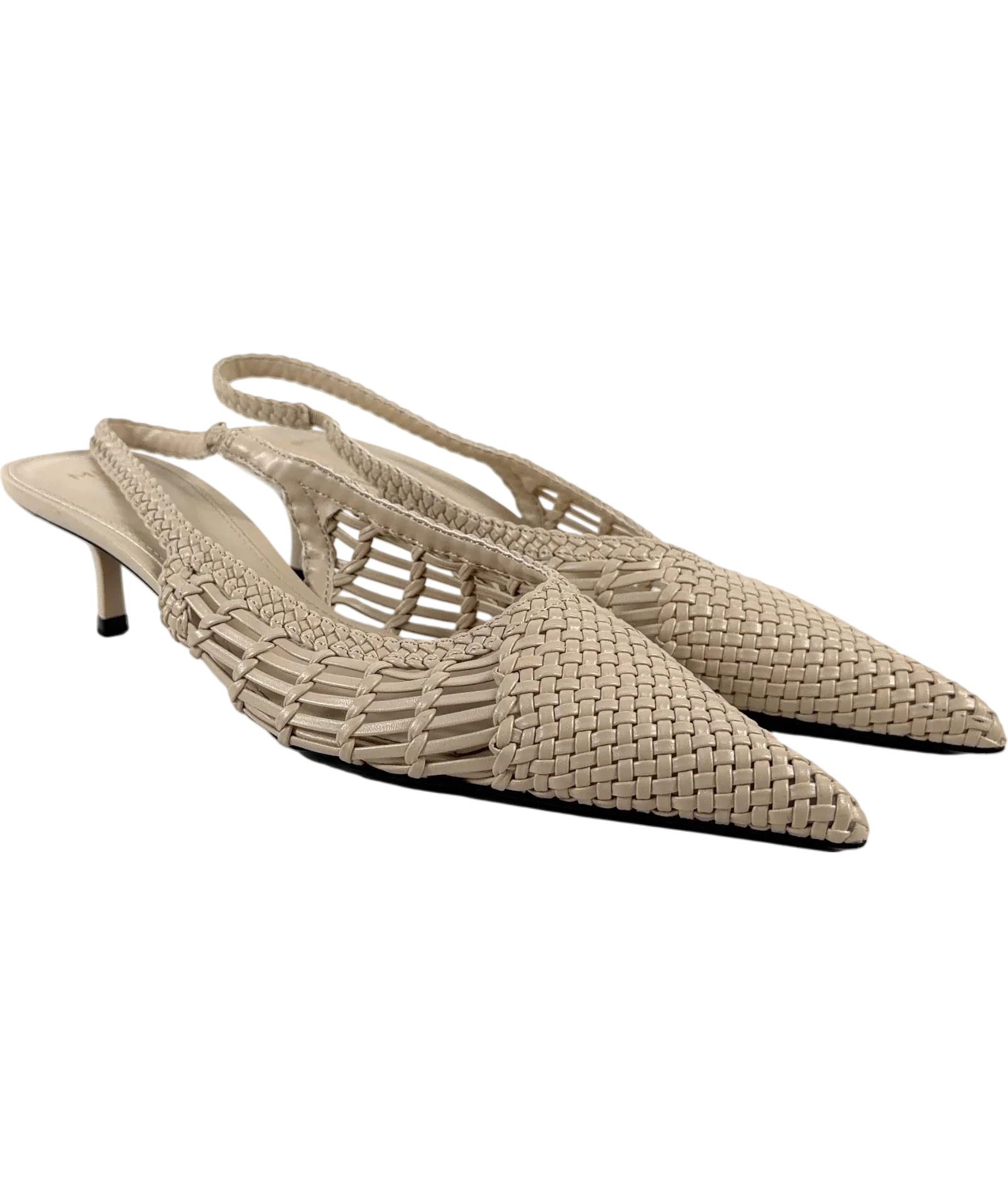 MNG Beige Woven Toe Cap Slingback Kitten Heel Pumps, size UK 6 EU 39 👠 — front