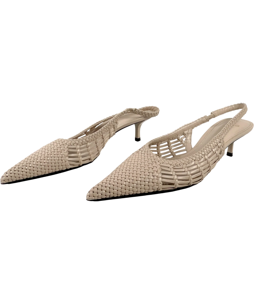 MNG Beige Woven Toe Cap Slingback Kitten Heel Pumps, size UK 6 EU 39 👠 — label