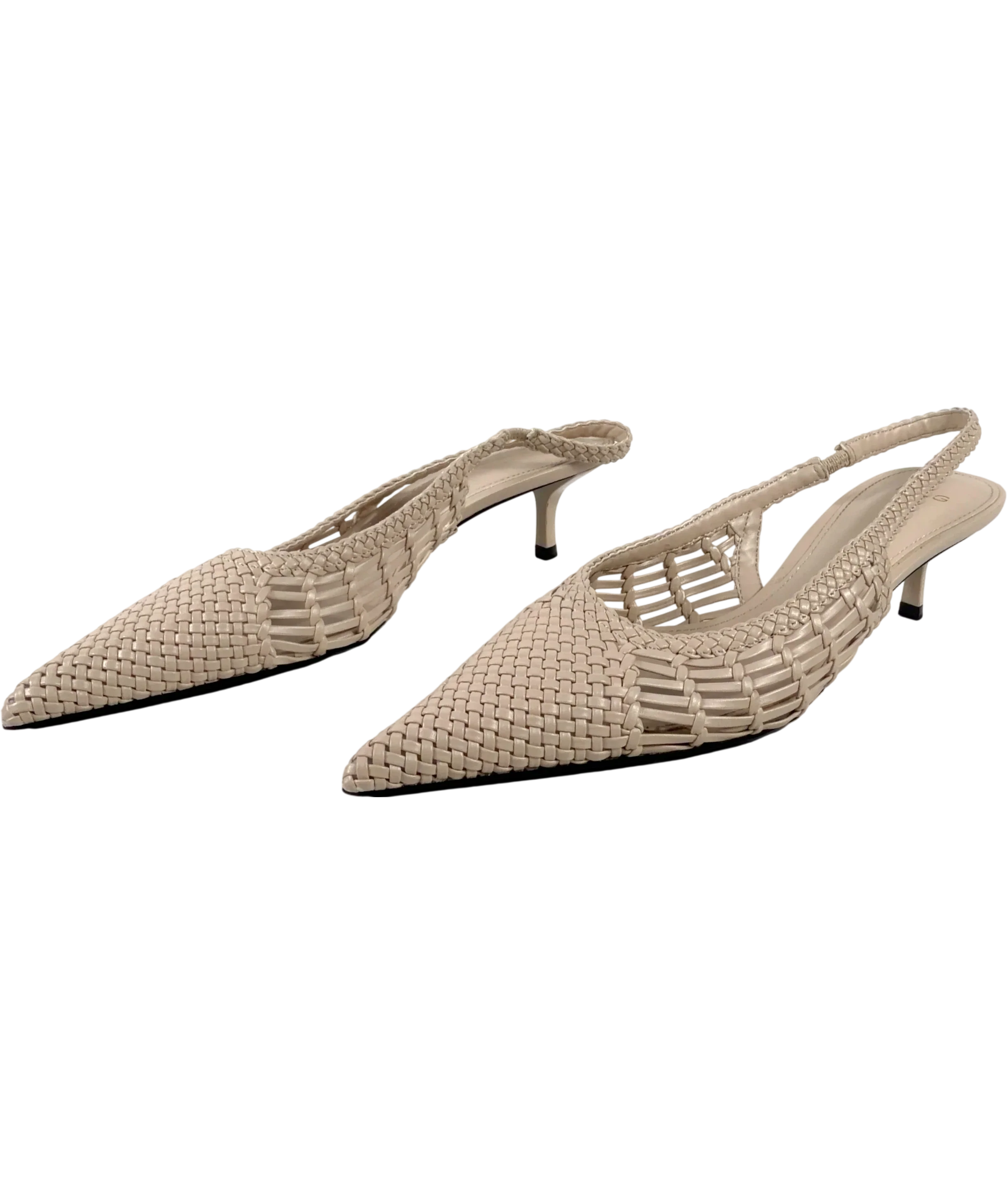 MNG Beige Woven Toe Cap Slingback Kitten Heel Pumps, size UK 6 EU 39 👠 — label