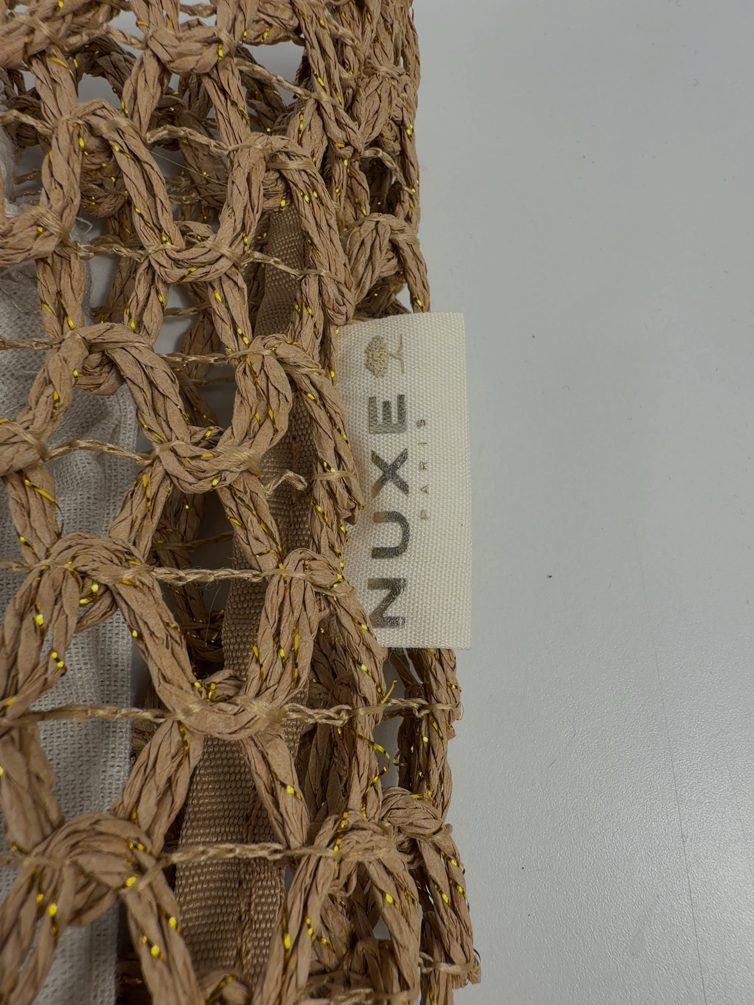 Nuxe Beige Woven Straw Summer Beach Bag — label