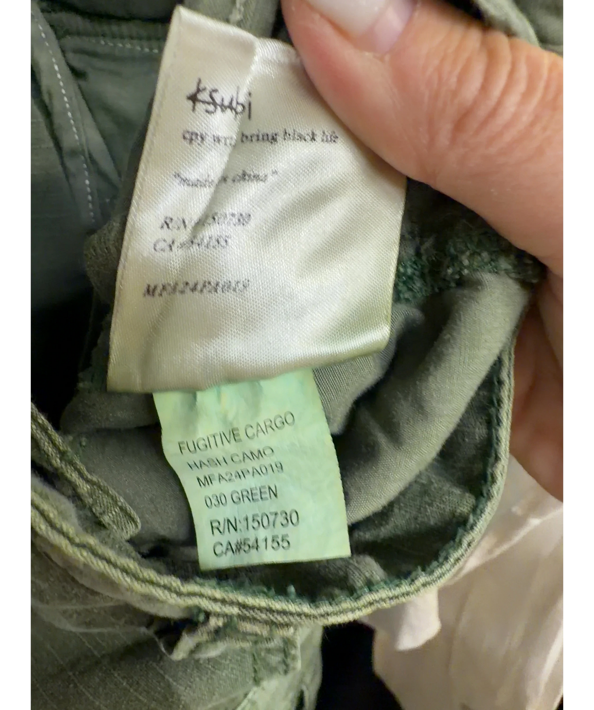 Ksubi Green Fugitive Cargo, size W29 — label