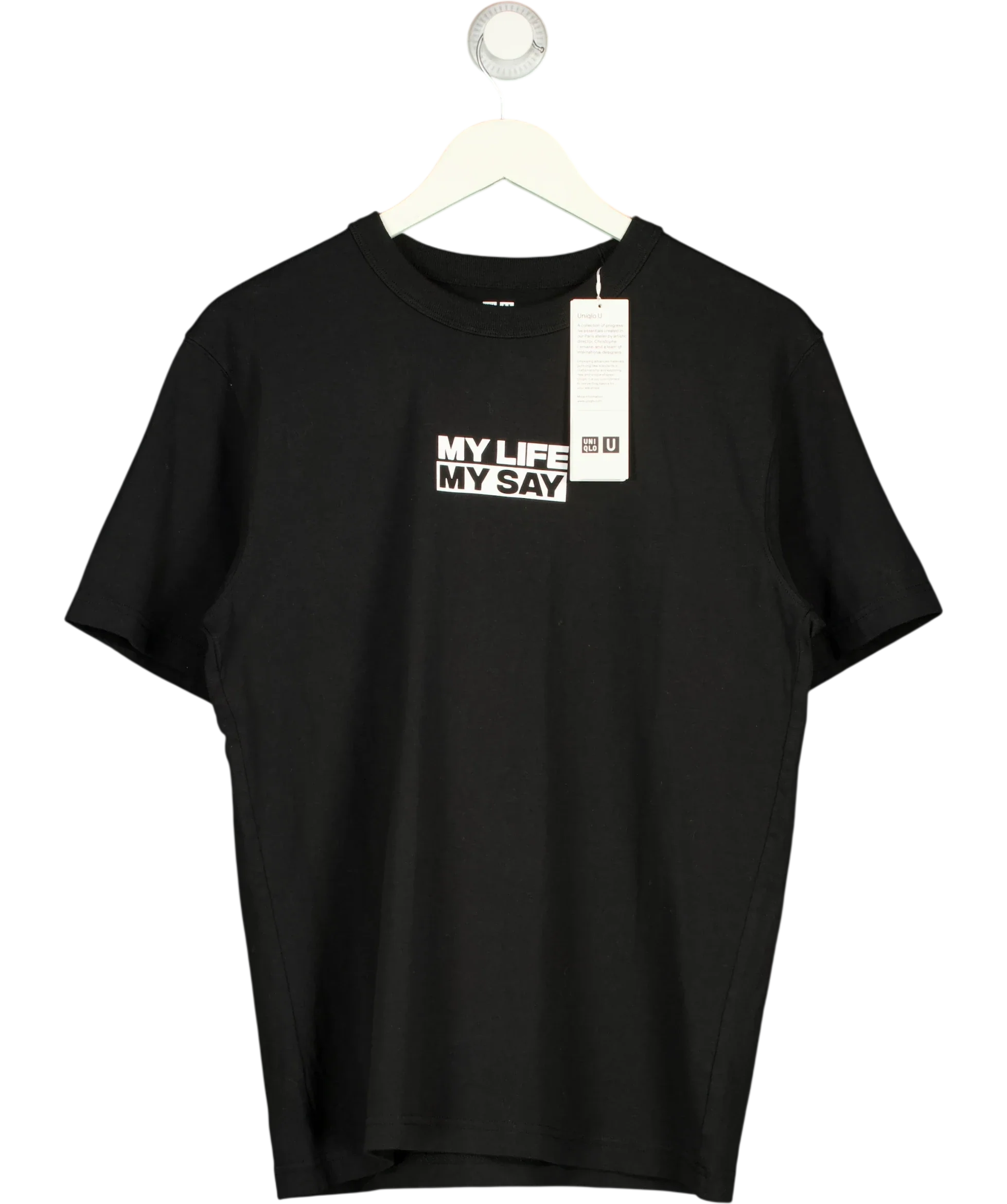 Uniqlo Black My Life My Say campaign slogan t-shirt, size UK S — front