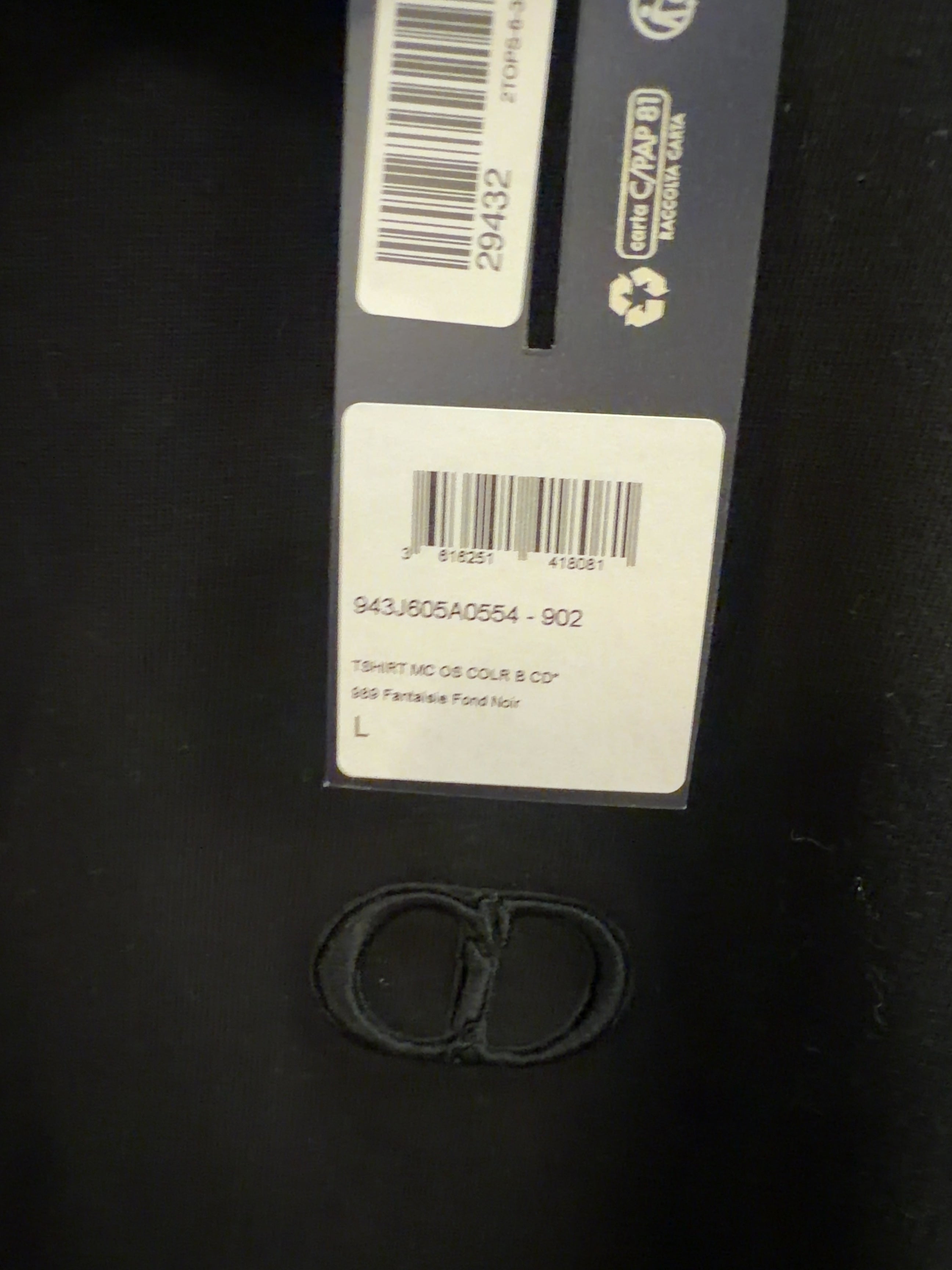 Dior Black CD Icon T-Shirt, size UK L — label