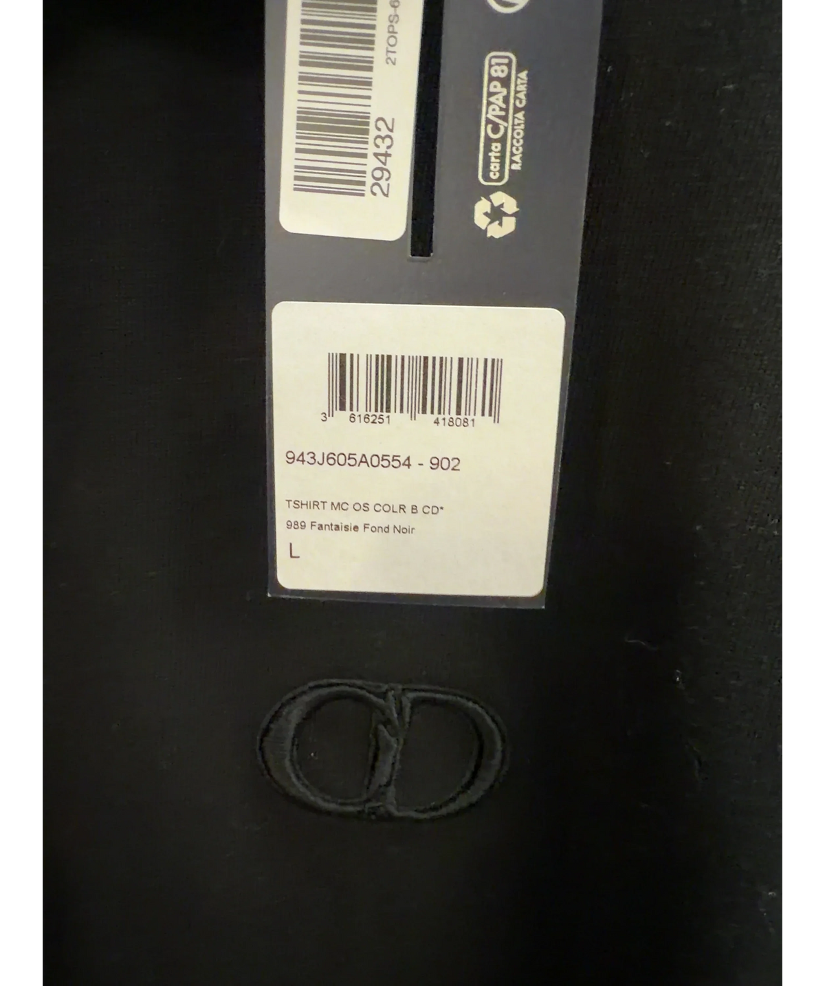 Dior Black CD Icon T-Shirt, size UK L — care label