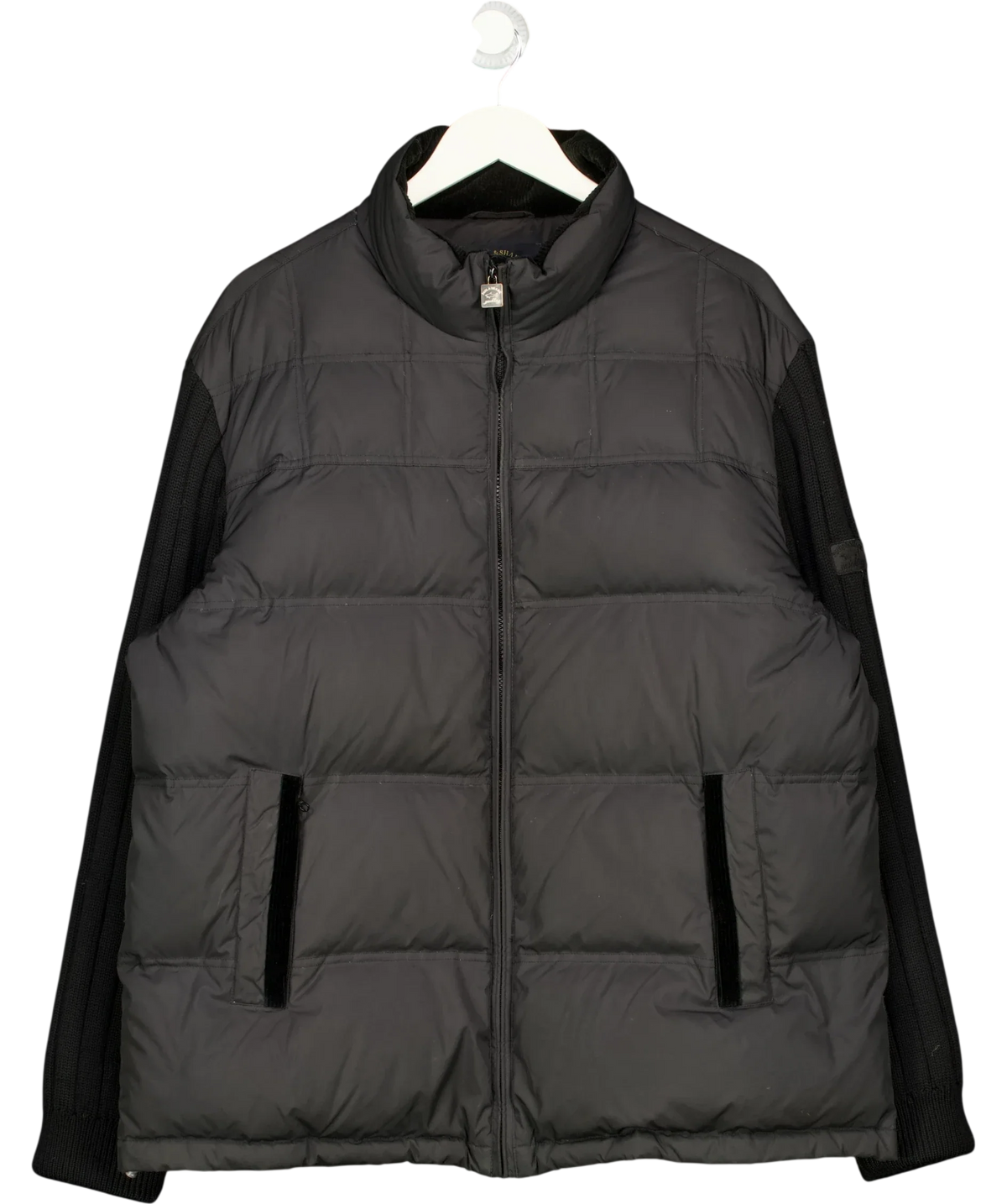 Paul & Shark Black Typhoon Wind hybrid quilted puffer jacket with knit sleeves, size UK XL — front