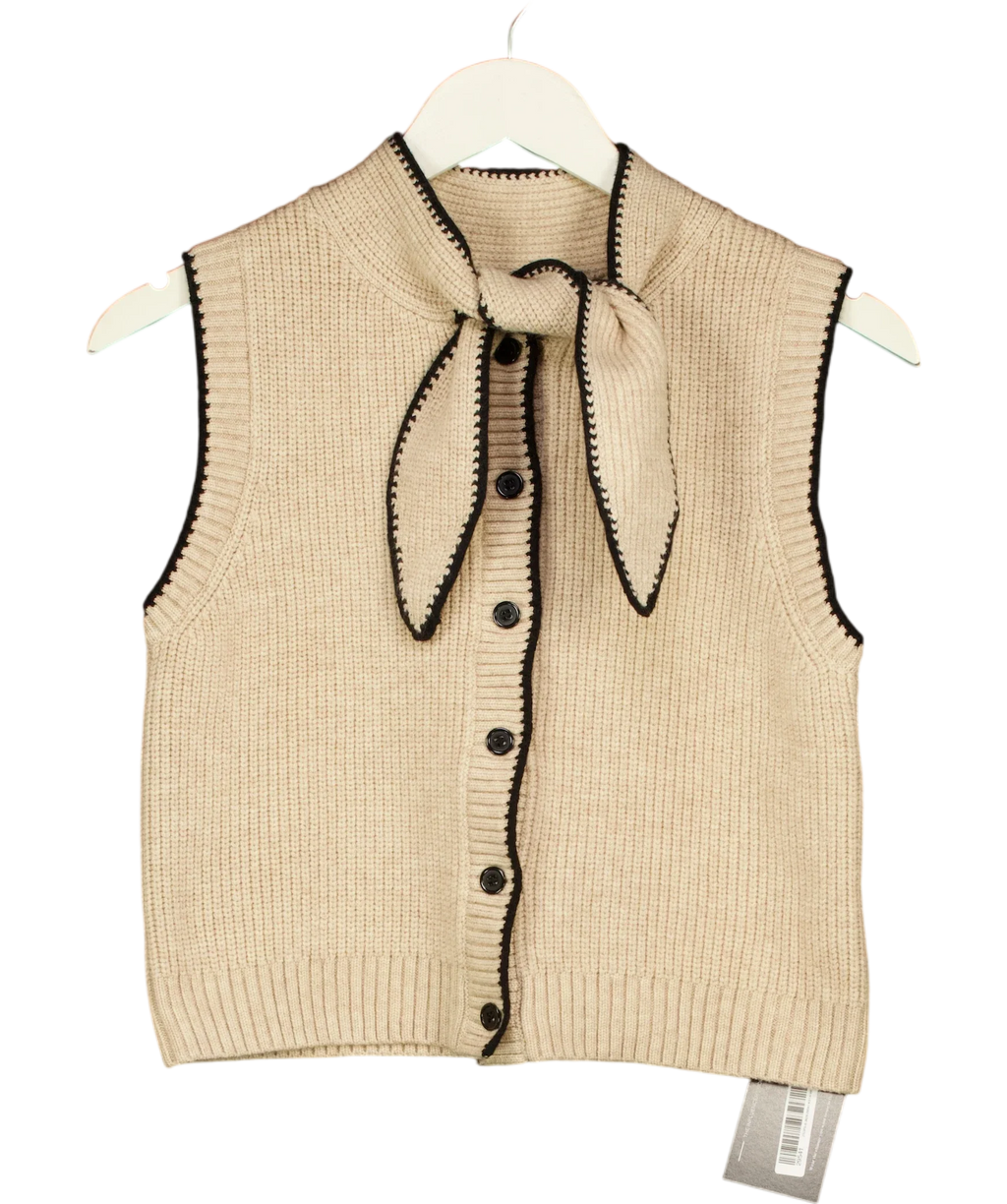 Commense Beige Tie Neck Contrast Trim Button Sweater Vest, size UK XS — front