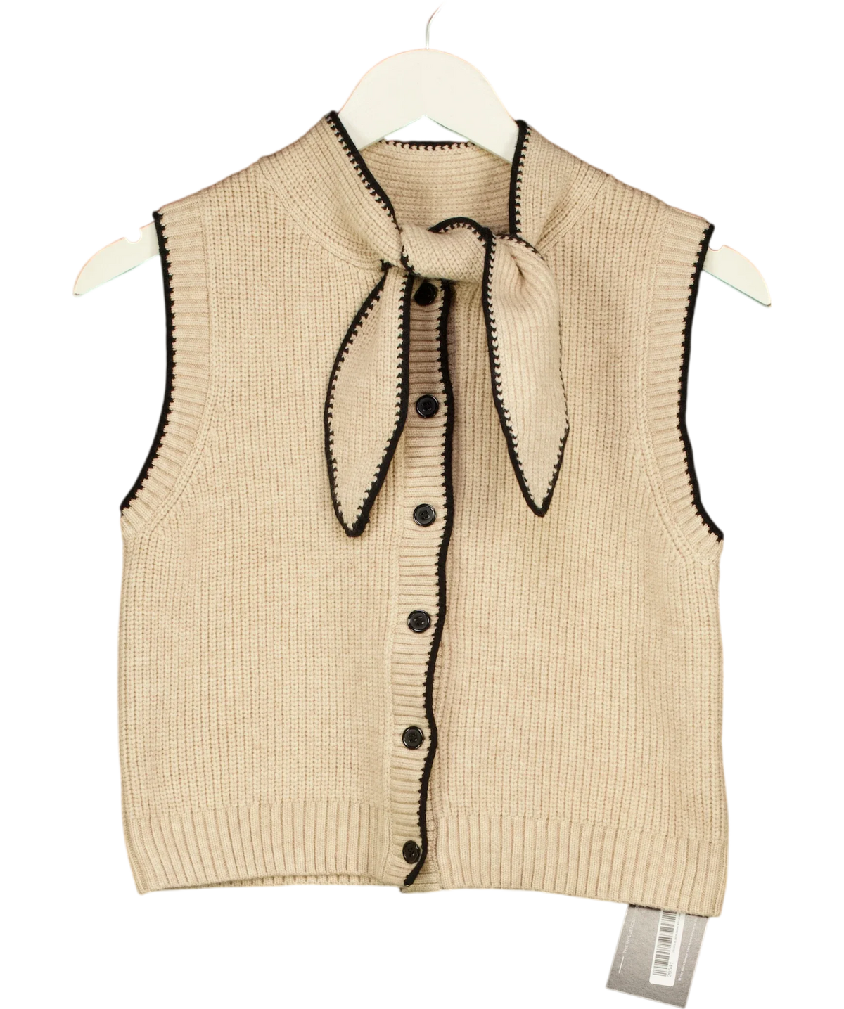 Commense Beige Tie Neck Contrast Trim Button Sweater Vest, size UK XS — front