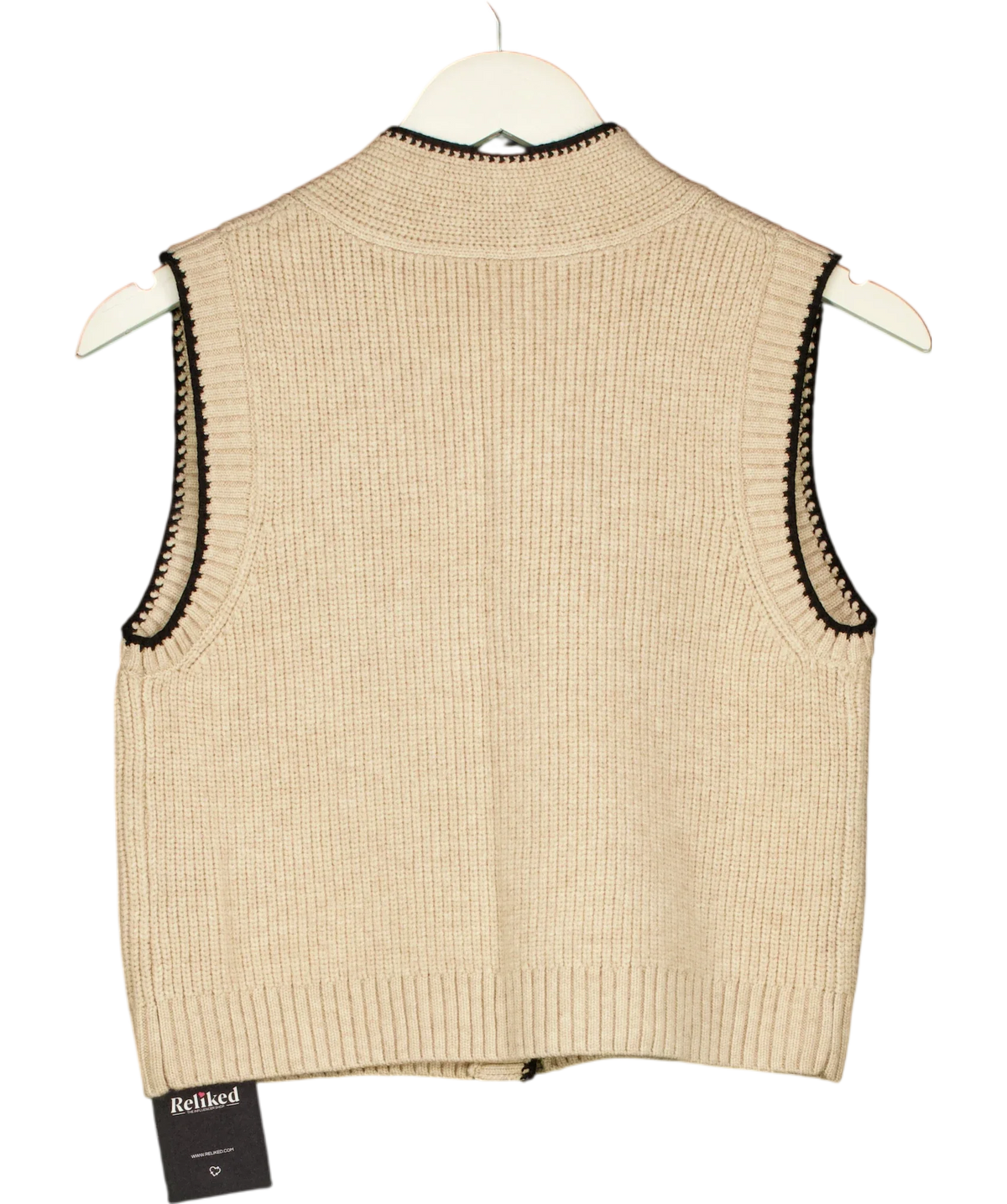 Commense Beige Tie Neck Contrast Trim Button Sweater Vest, size UK XS — back