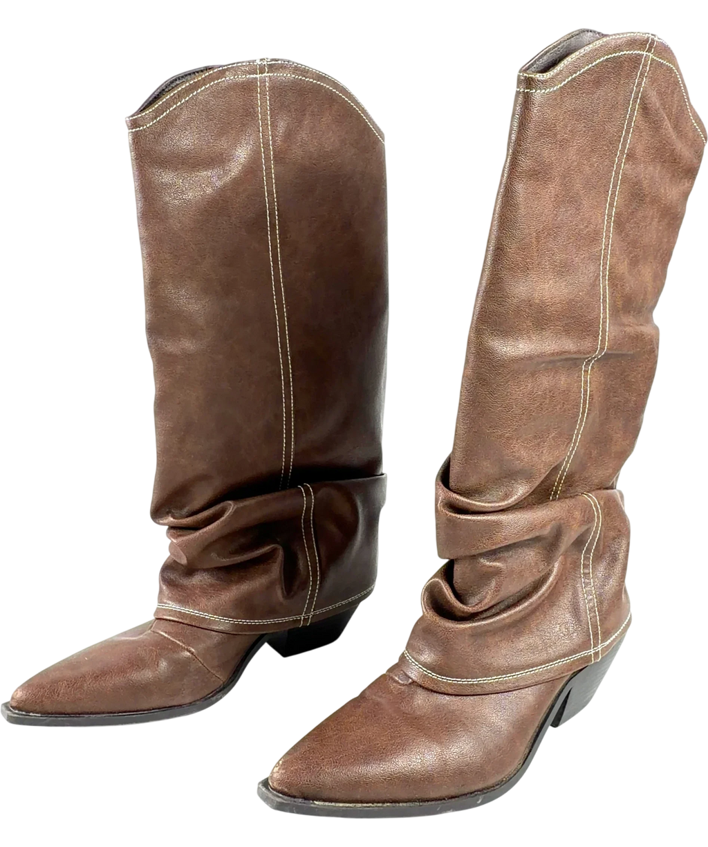 Seqwl Brown Lexus slouchy fold over western boots in brown, size UK 6 EU 39 👠 — label