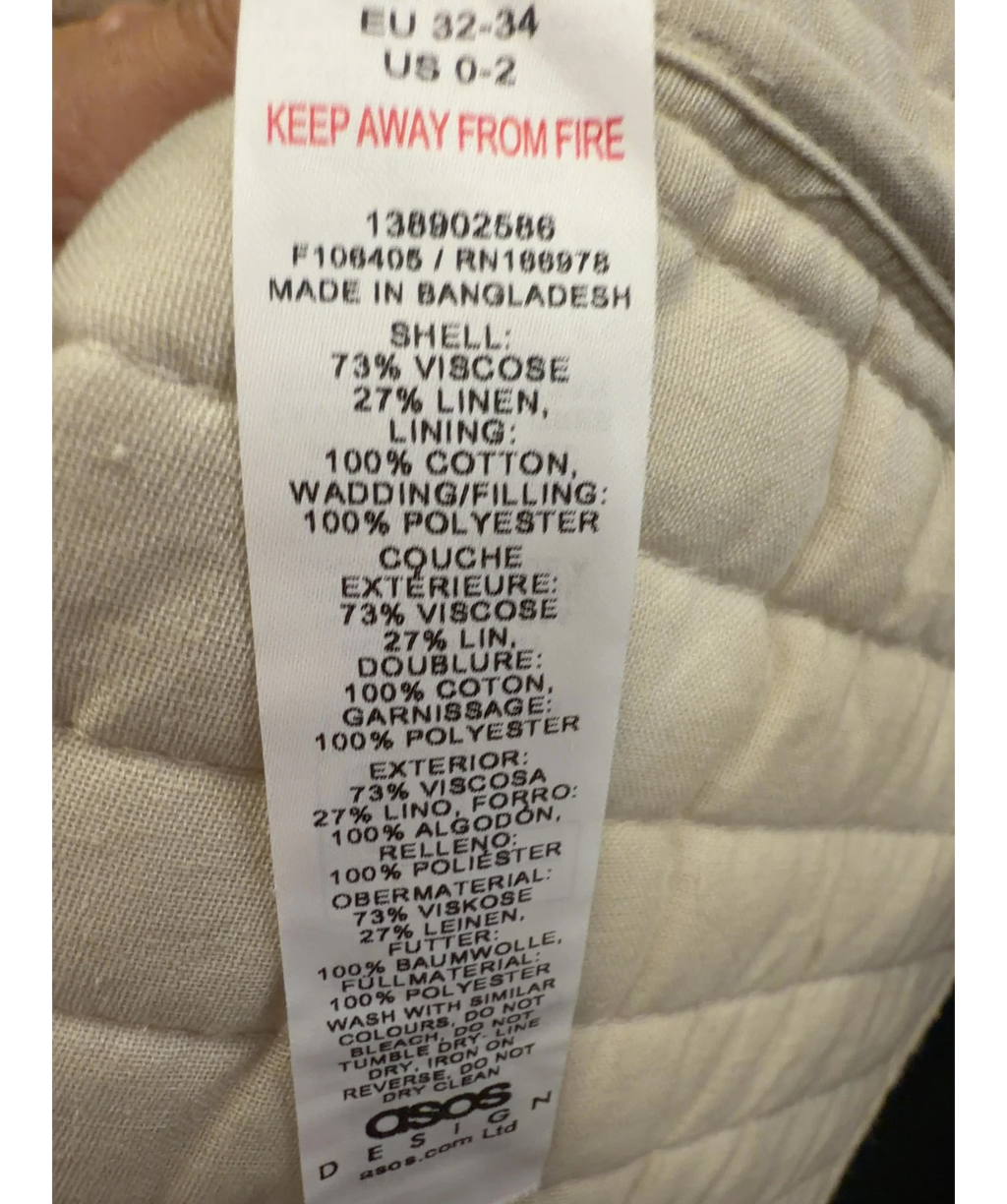 ASOS Cream linen crop collarless quilted jacket, size UK XS — label