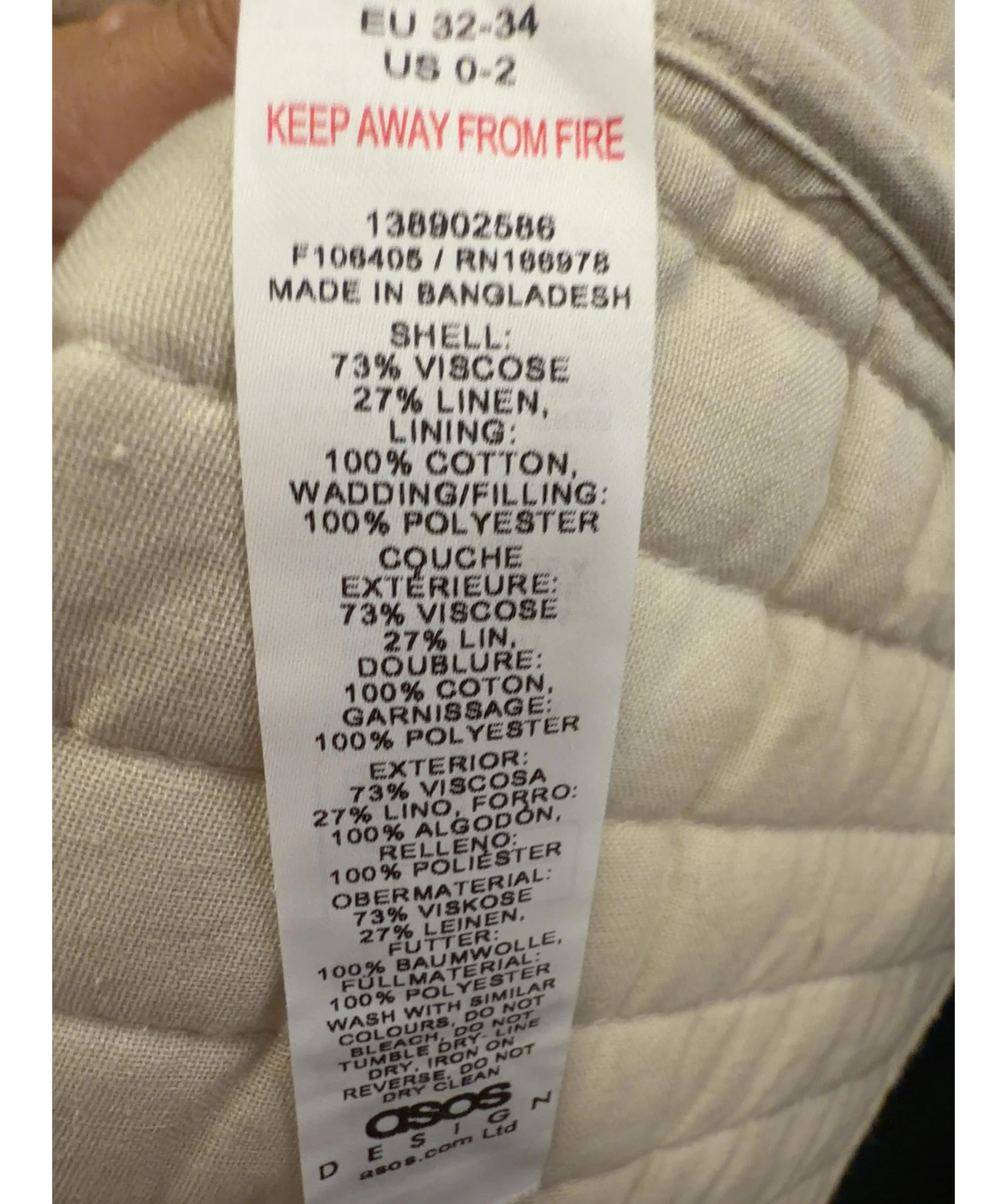 ASOS Cream linen crop collarless quilted jacket, size UK XS — label