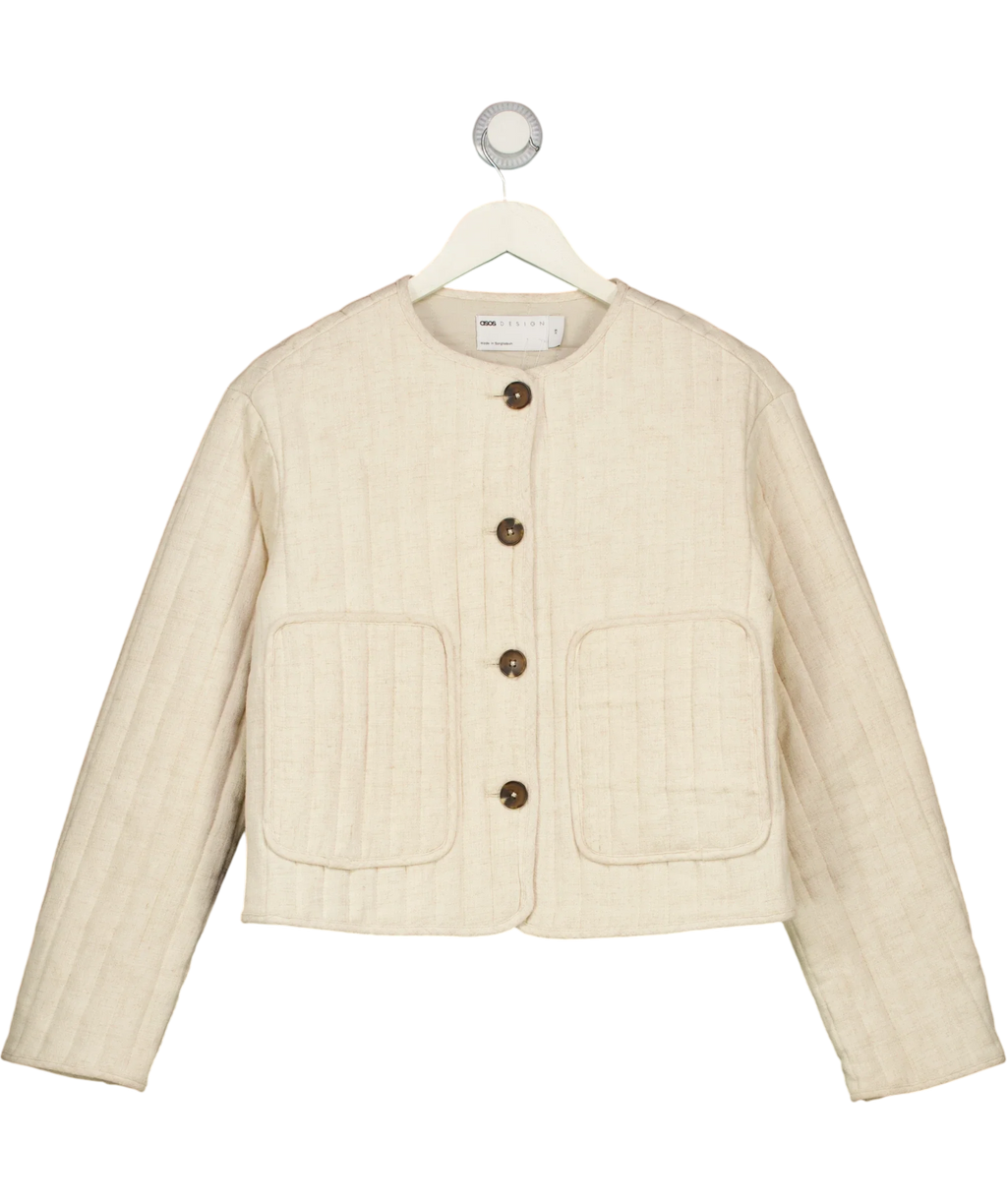 ASOS Cream linen crop collarless quilted jacket, size UK XS — front
