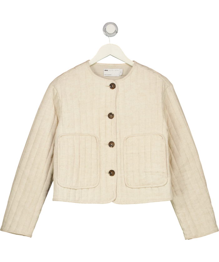 ASOS Linen Crop Collarless Quilted Jacket Cream UK XS