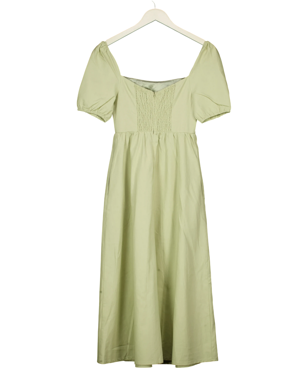 RIHOAS Green Light Green Square Neck Shirred Midi Dress, size UK XS — back