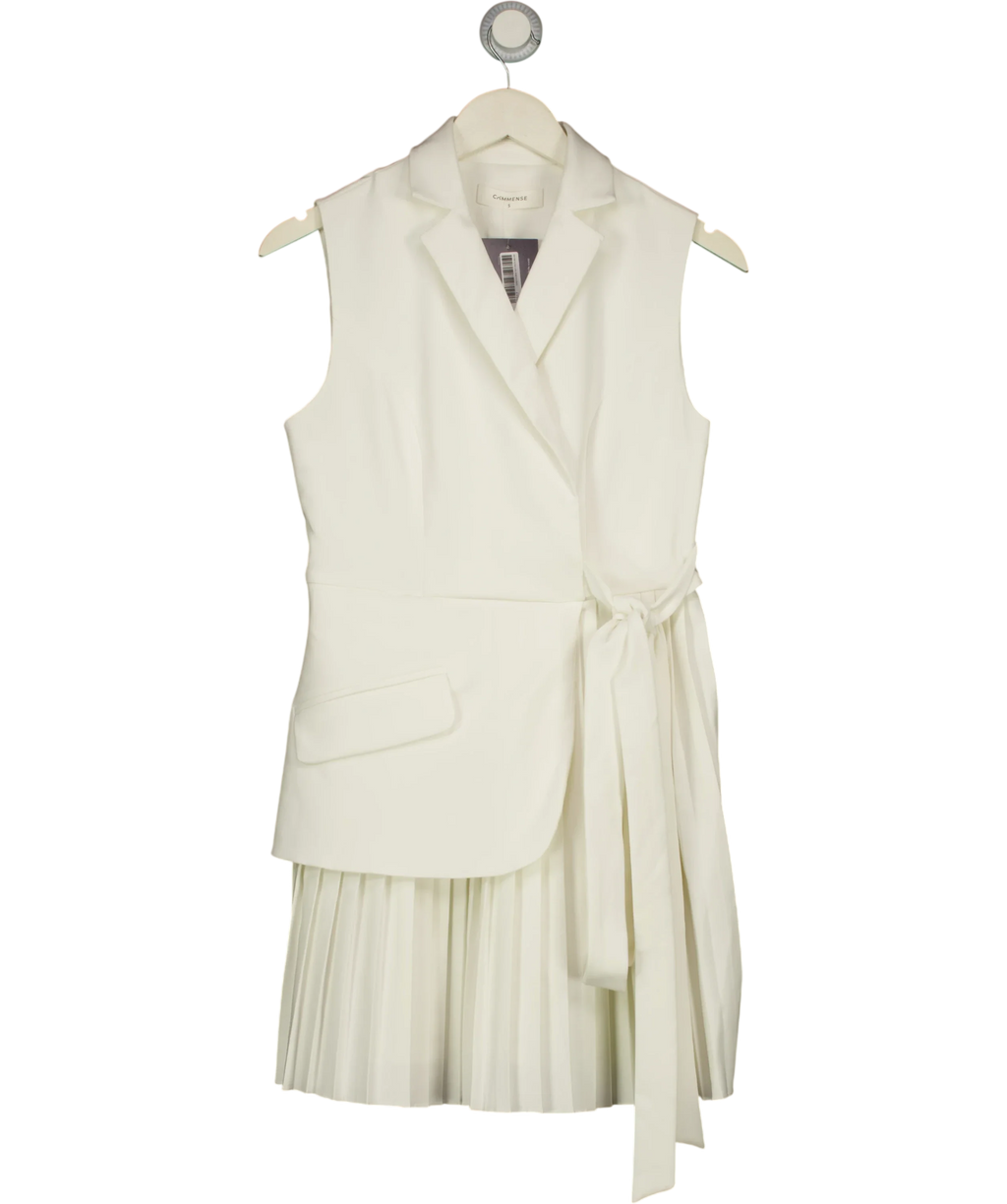 Commense White Belted Pleated Sleeveless Blazer Dress, size UK S — front