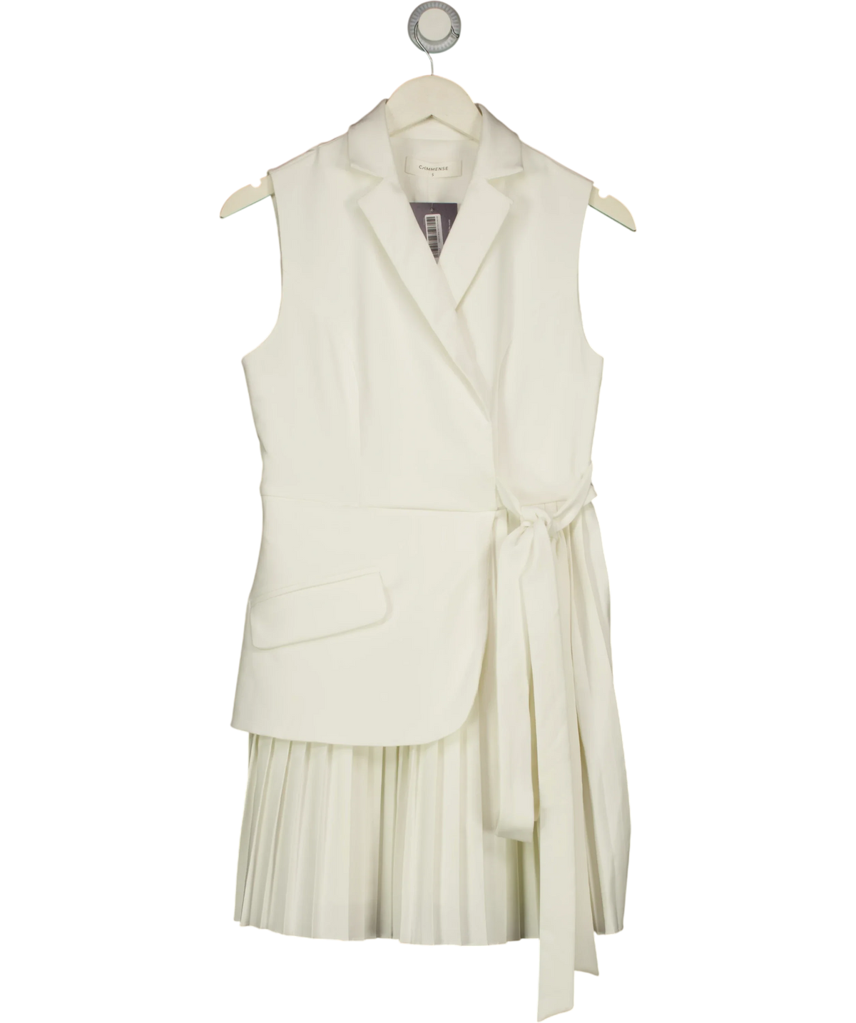 Commense White Belted Pleated Sleeveless Blazer Dress, size UK S — front