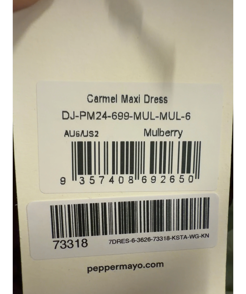 Peppermayo burgundy The Carmel Maxi Dress, size UK 6 — label