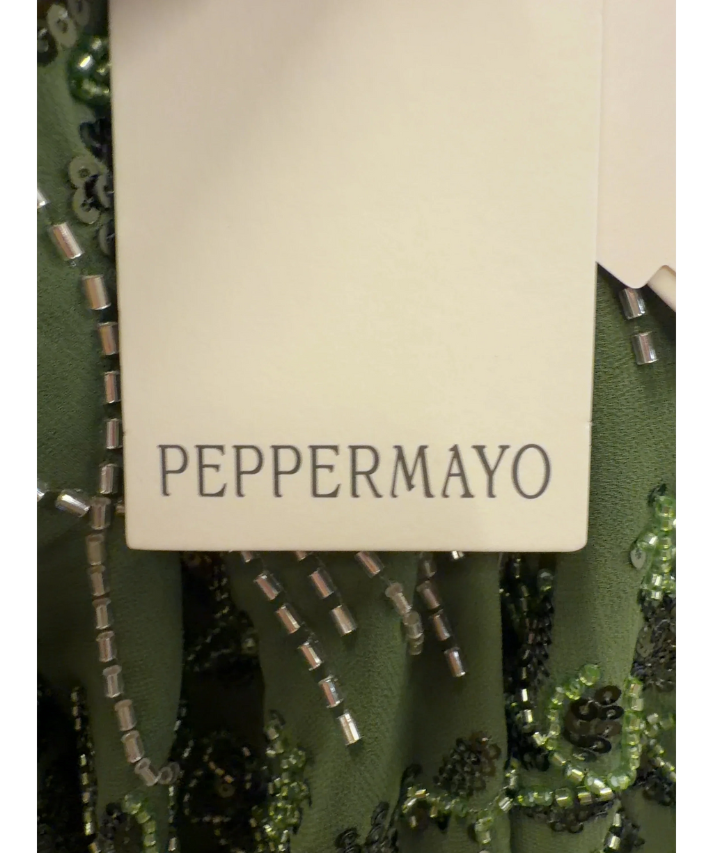 PEBPERMAYO Green Celosia Beaded Mini Dress, size UK 6 — detail