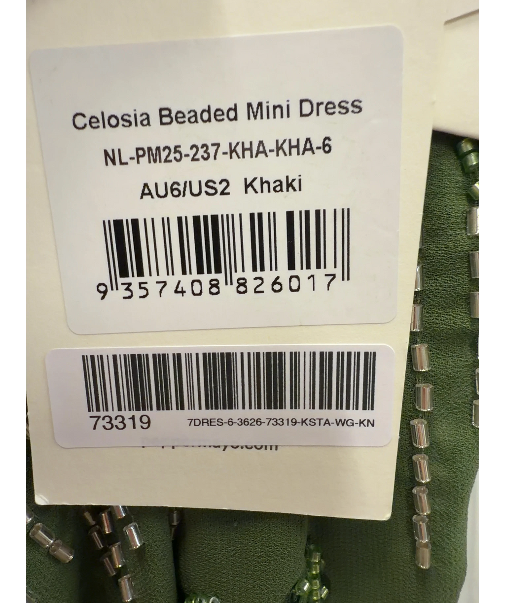 PEBPERMAYO Green Celosia Beaded Mini Dress, size UK 6 — label