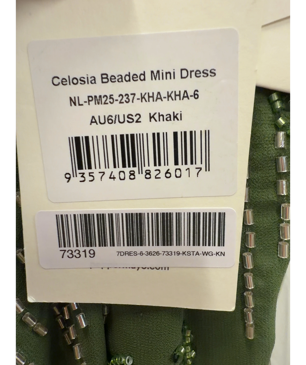 PEBPERMAYO Green Celosia Beaded Mini Dress, size UK 6 — care label