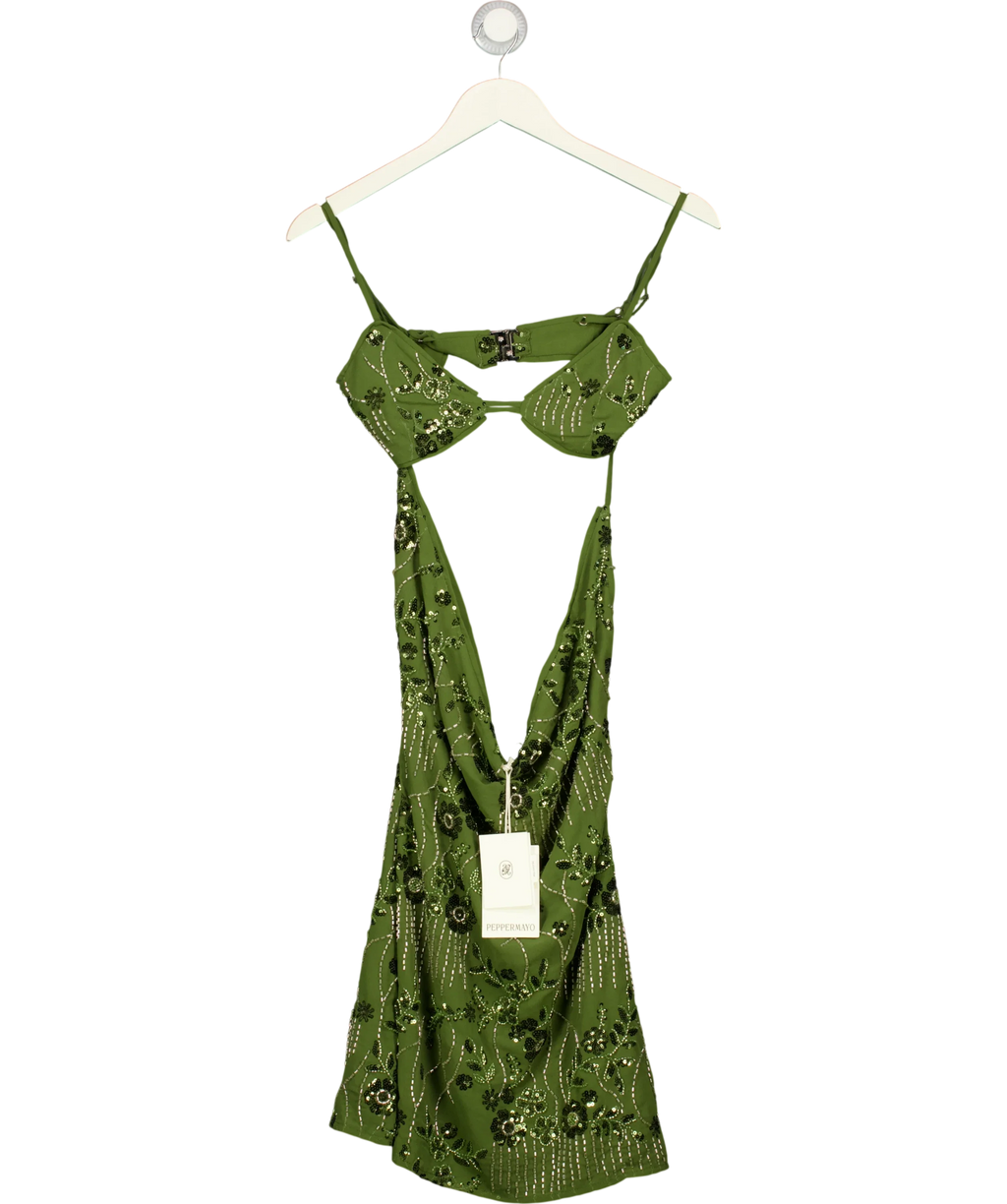 PEBPERMAYO Green Celosia Beaded Mini Dress, size UK 6 — front