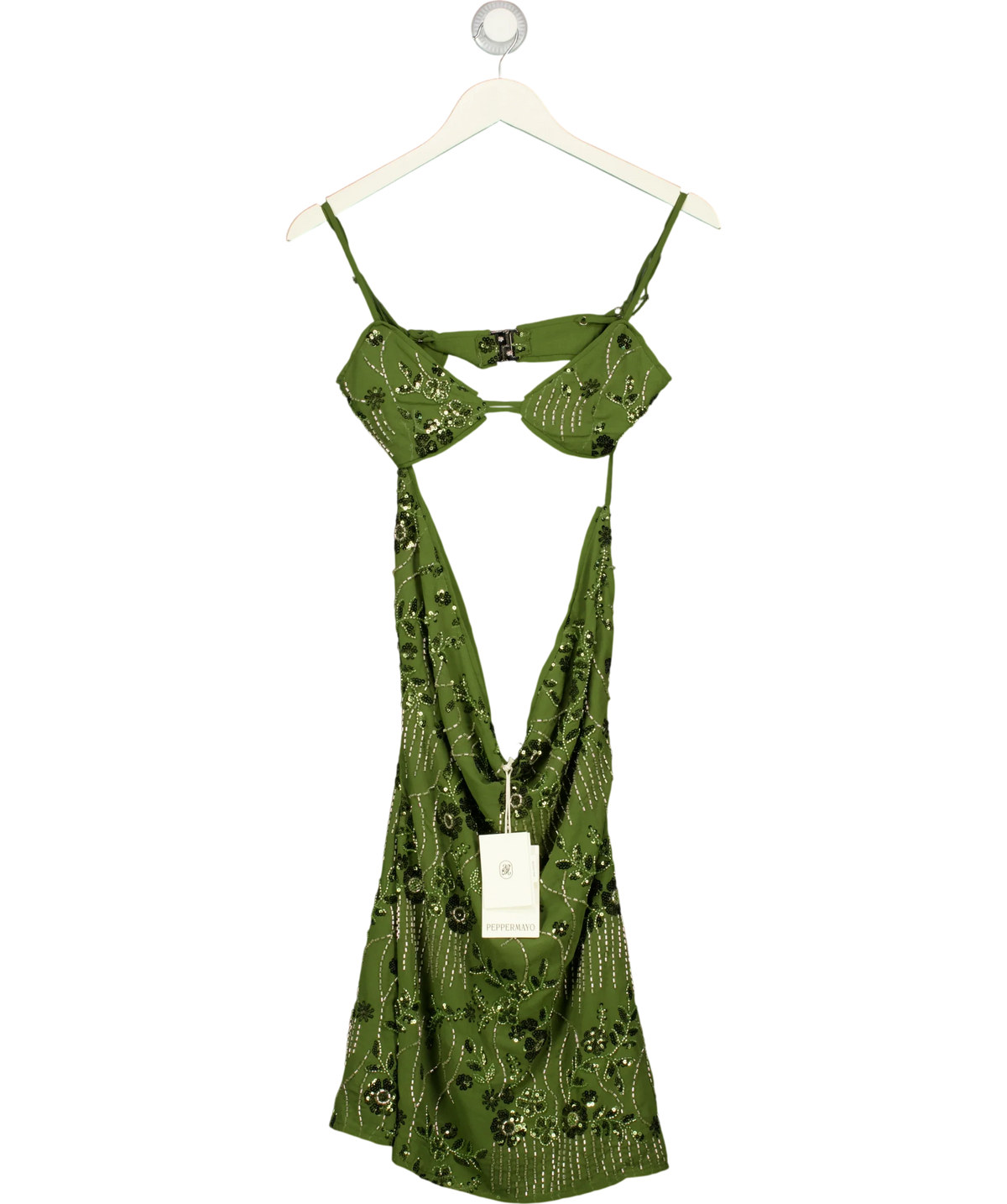 PEBPERMAYO Green Celosia Beaded Mini Dress, size UK 6 — front