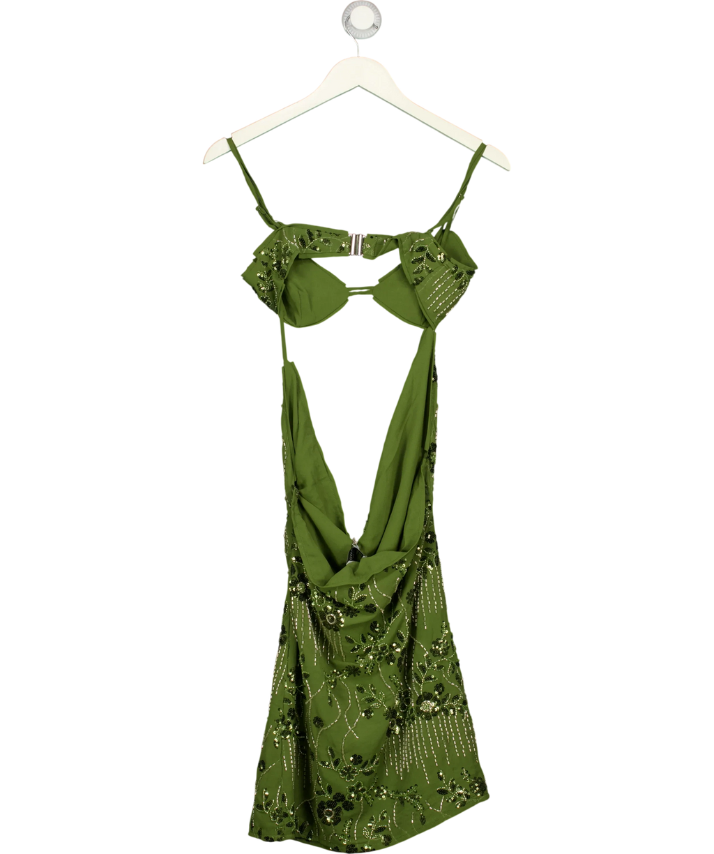 PEBPERMAYO Green Celosia Beaded Mini Dress, size UK 6 — back