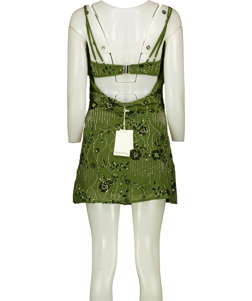 PEBPERMAYO Celosia Beaded Mini Dress Green UK 6 — Back