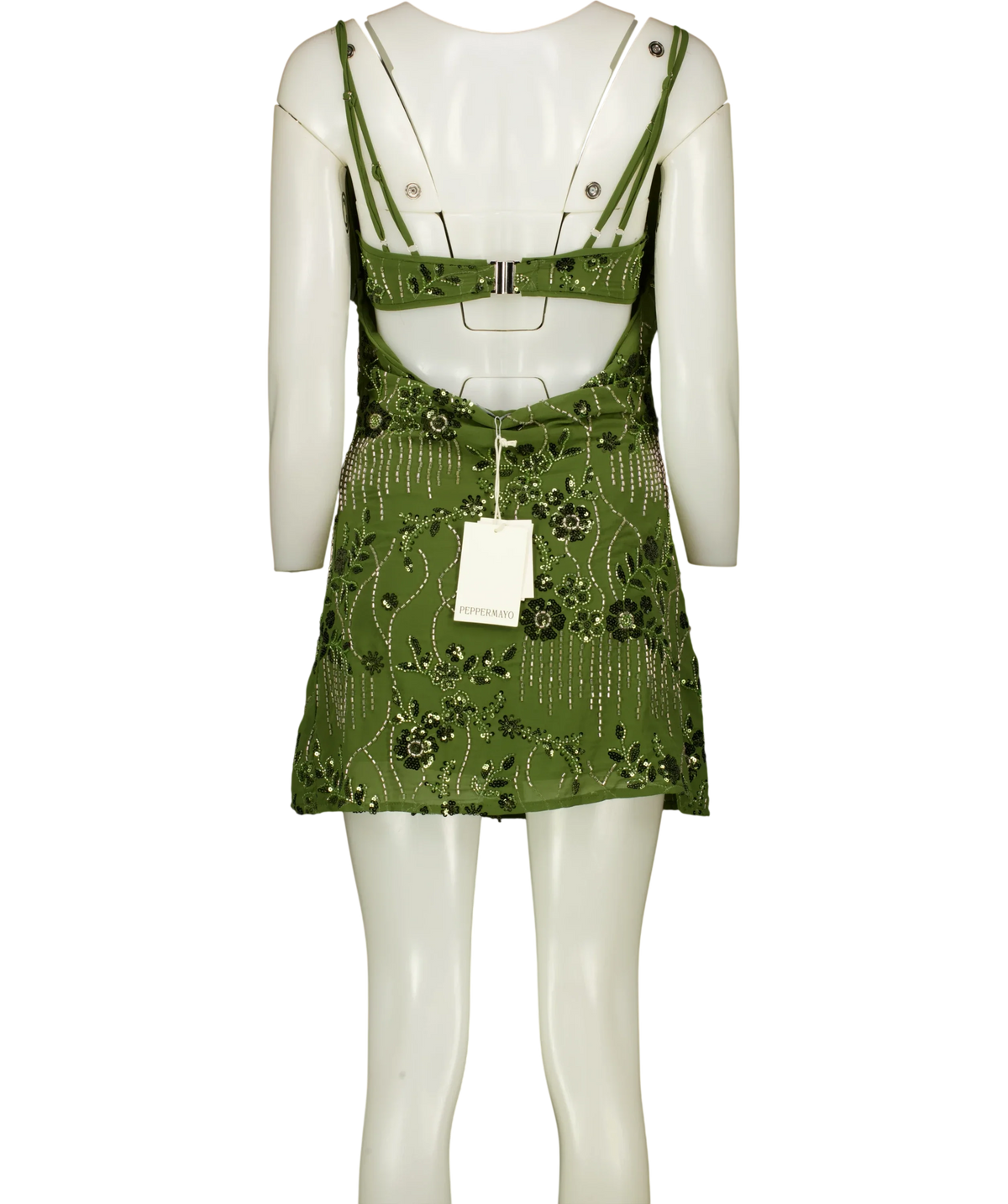PEBPERMAYO Celosia Beaded Mini Dress Green UK 6 — Back