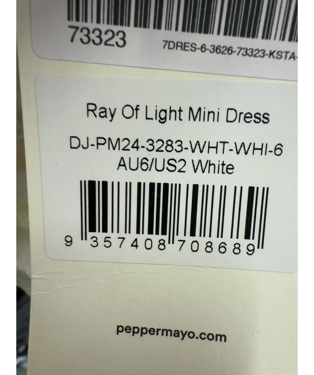 Peppermayo White Ray Of Light Mini Dress, size UK 6 — care label