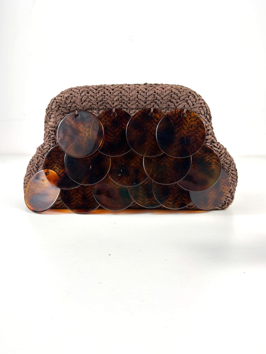 Friends like these Brown Chocolate Brown Acrylic Disc Raffia Clutch Bag — front