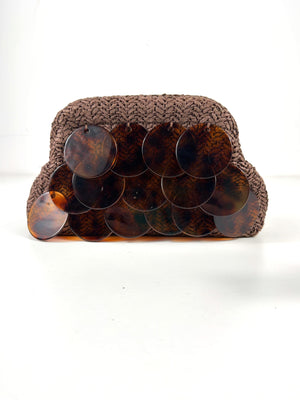 Friends like these Chocolate Brown Acrylic Disc Raffia Clutch Bag One Size