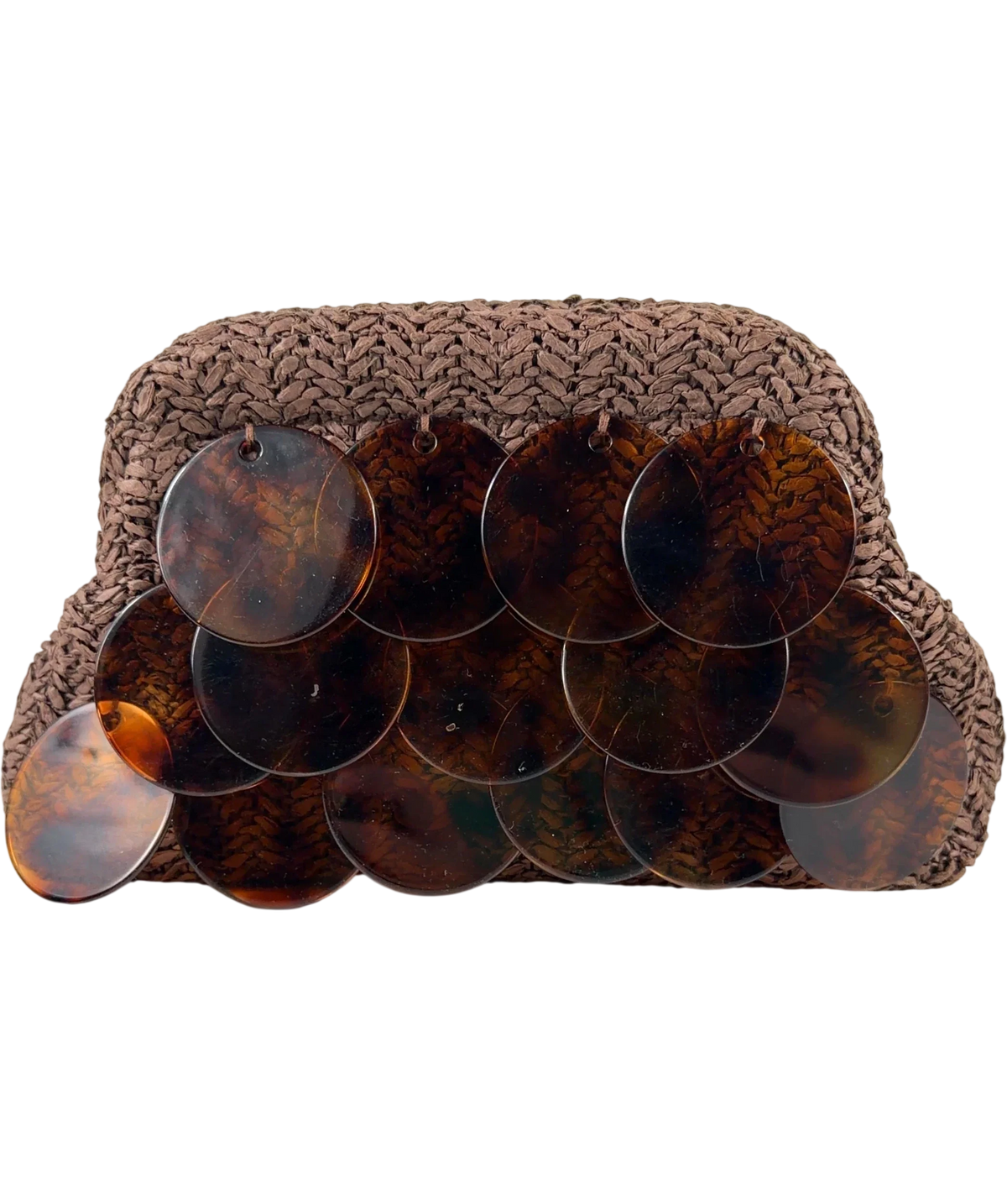 Friends like these Chocolate Brown Acrylic Disc Raffia Clutch Bag One Size — Front