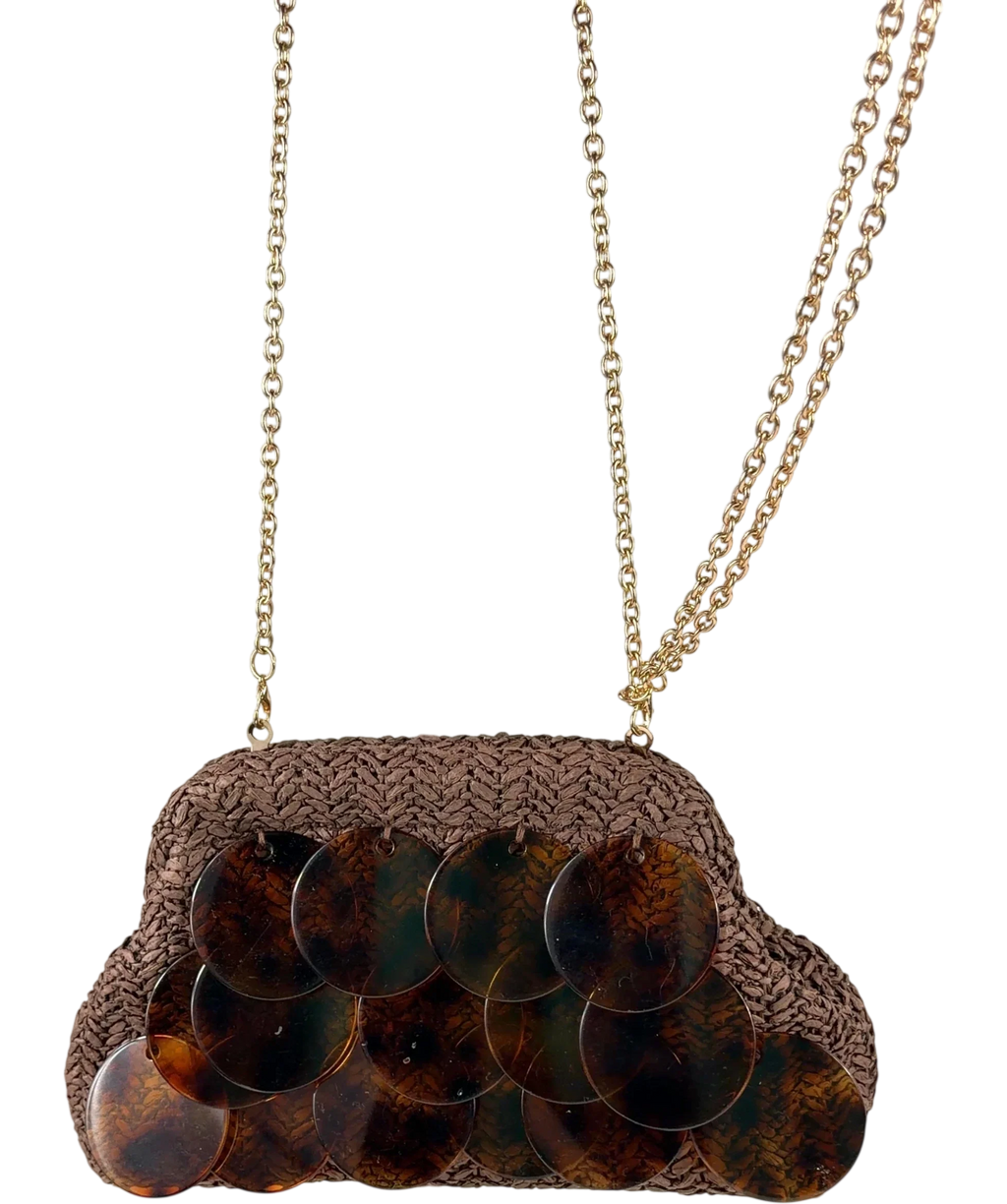 Friends like these Chocolate Brown Acrylic Disc Raffia Clutch Bag One Size — Interior