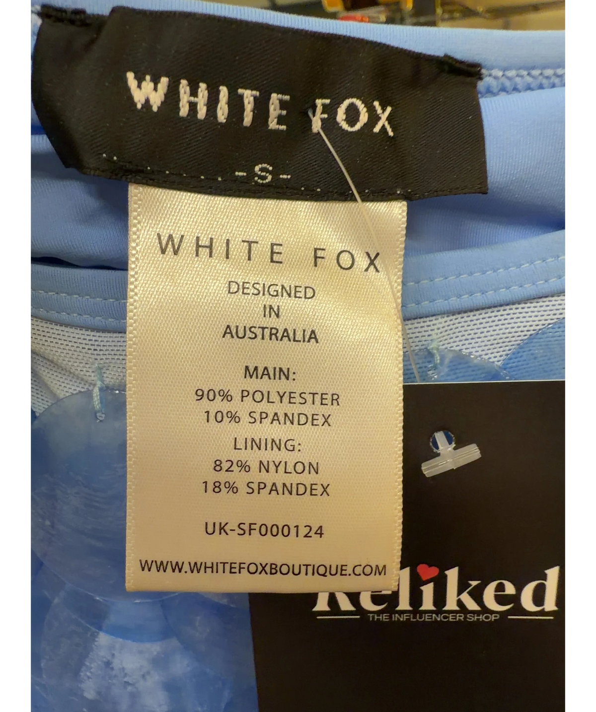 WHITE FOX Blue Forgiven Aura Shell Mini Skirt, size UK S — care label