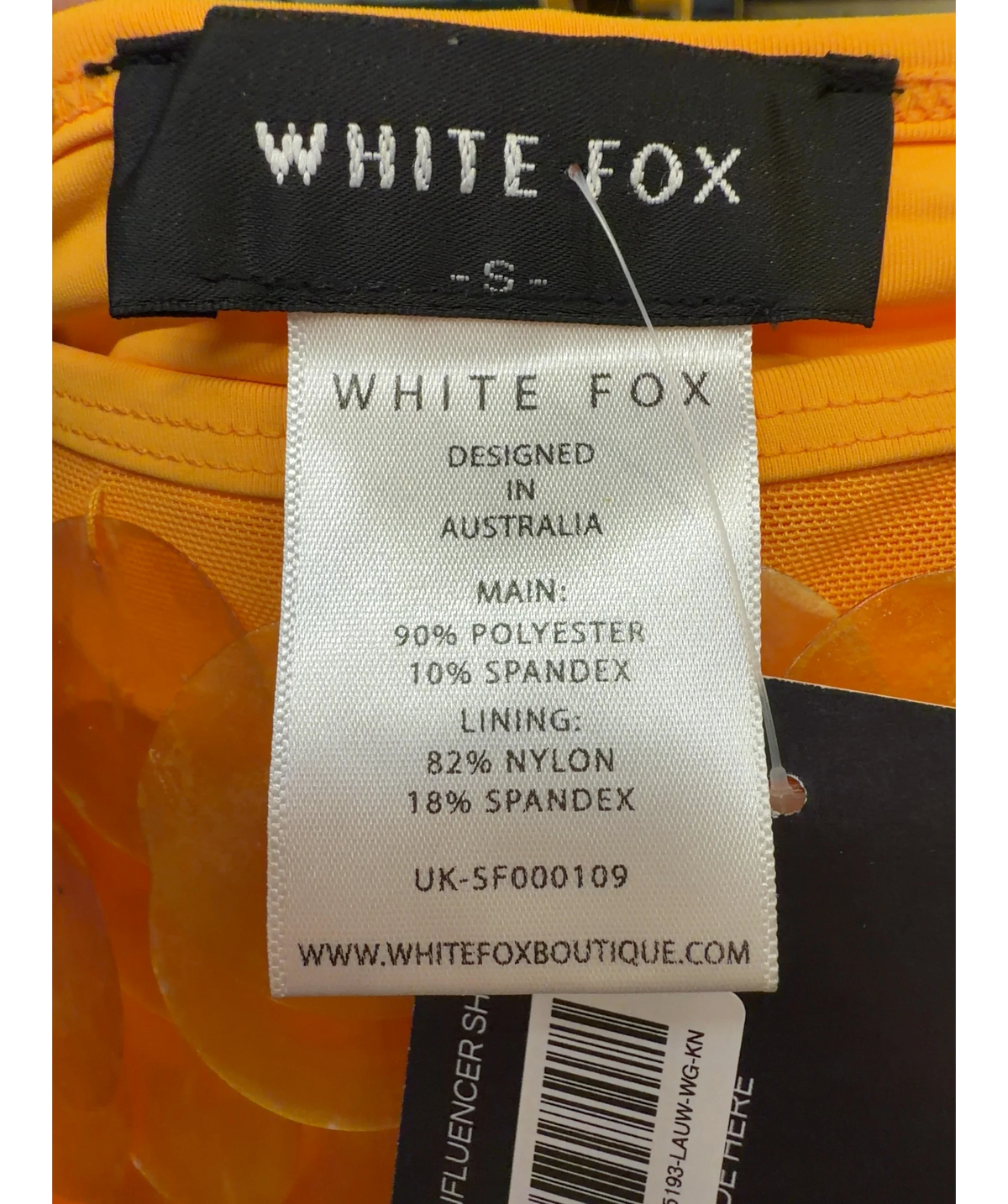 WHITE FOX Orange Like You Mean It Sequin Mini Skirt, size UK S — detail