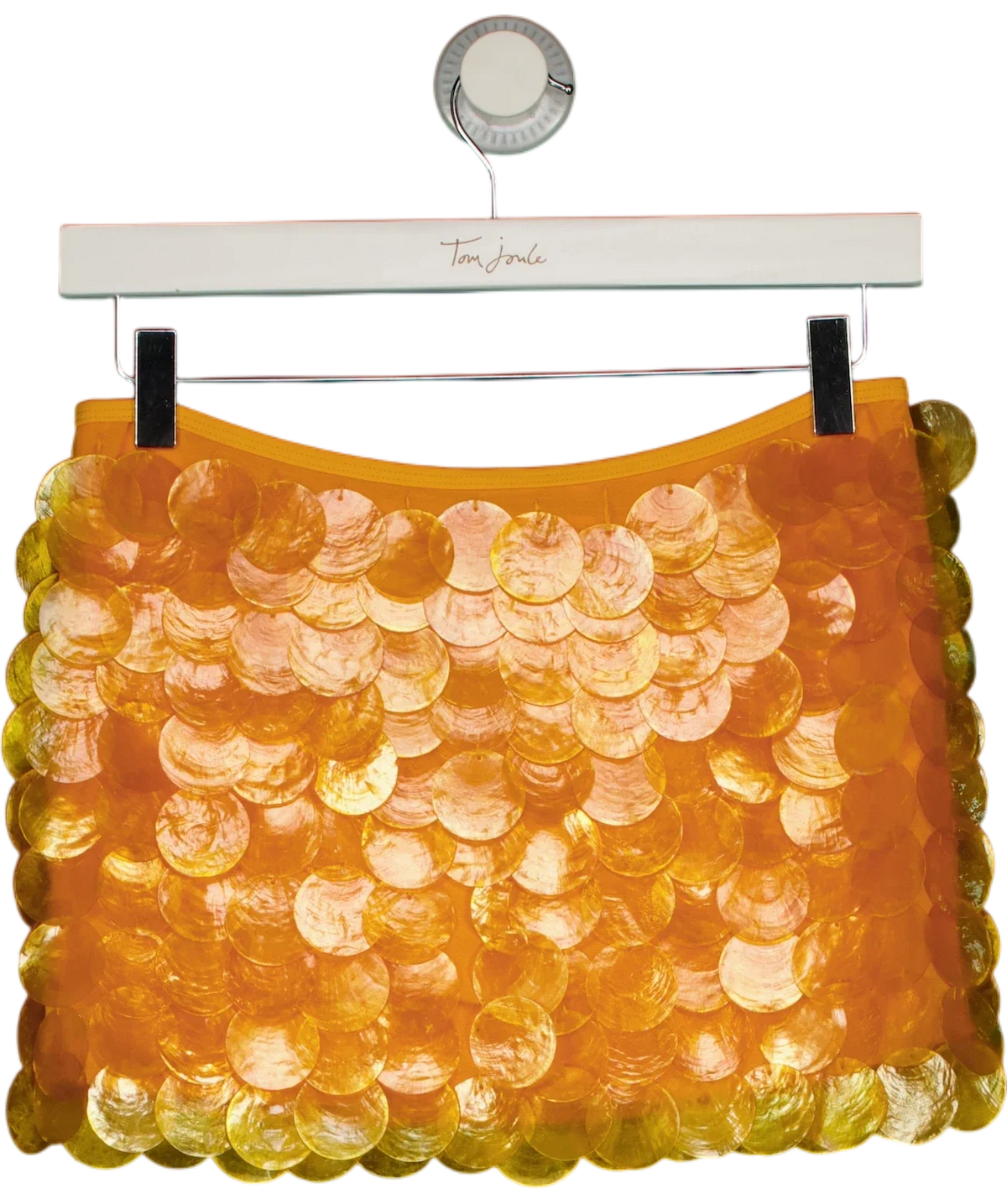 WHITE FOX Orange Like You Mean It Sequin Mini Skirt, size UK S — front