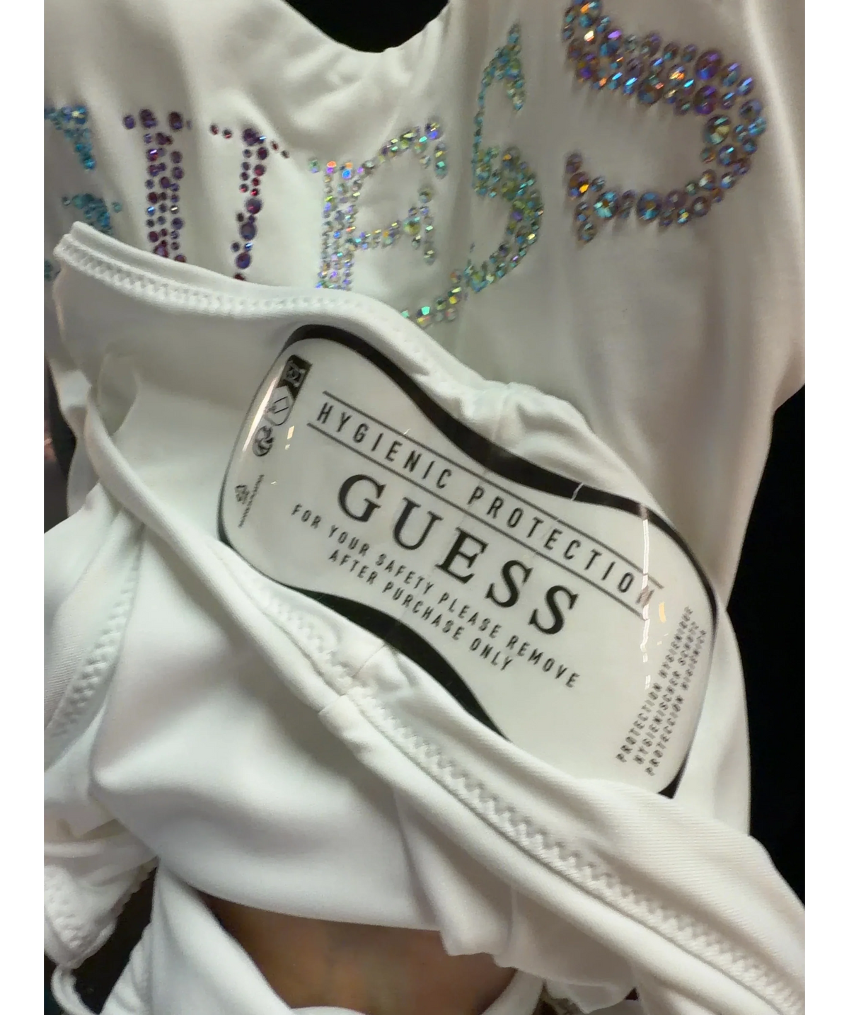 Guess White One-Piece Logo Strass Swimsuit, size UK XS — care label