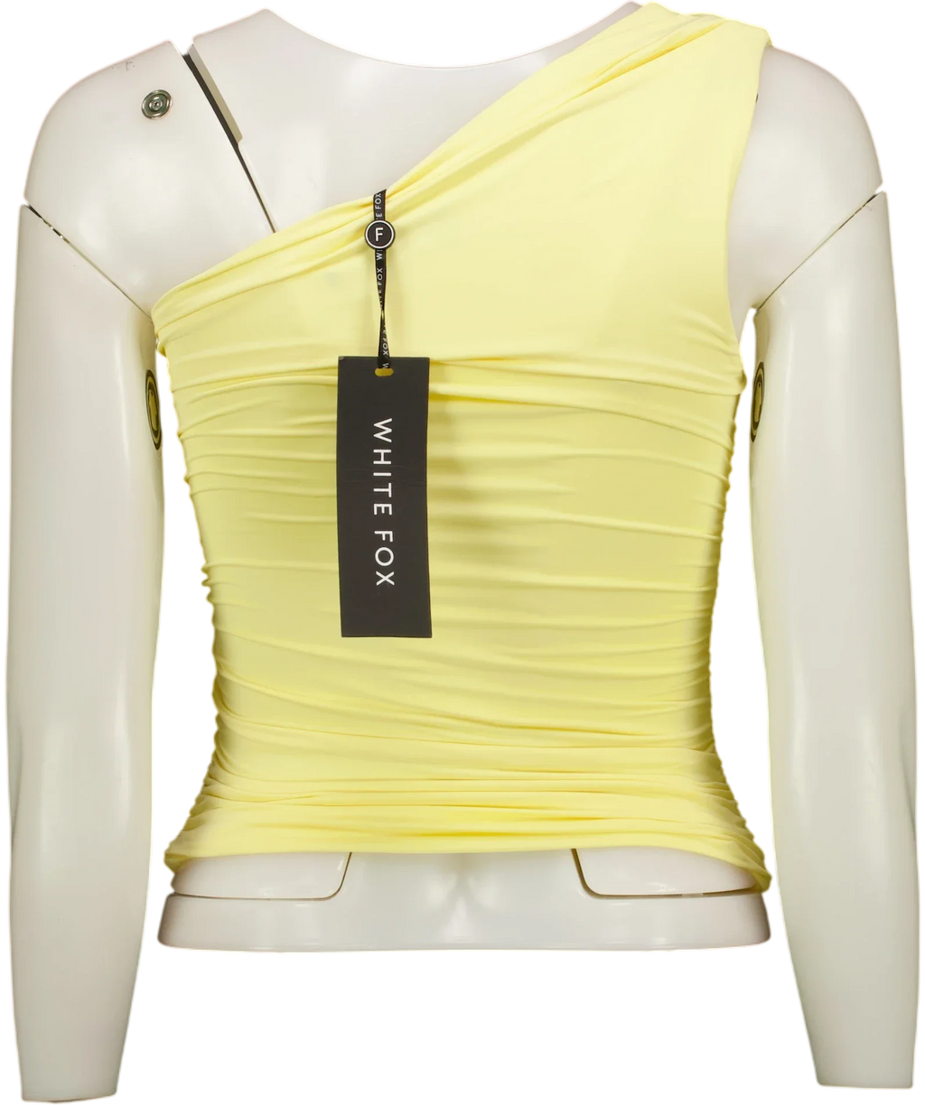 WHITE FOX Yellow Lack of Love One Shoulder Top, size UK XS — back