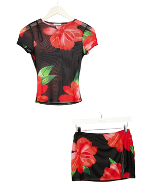 Superdown Black Floral Mesh Top  & Mini skirt set UK S