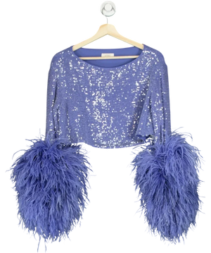 Lapointe Blue Ostrich Feather Cuff Sequin Crop Top Periwinkle UK S