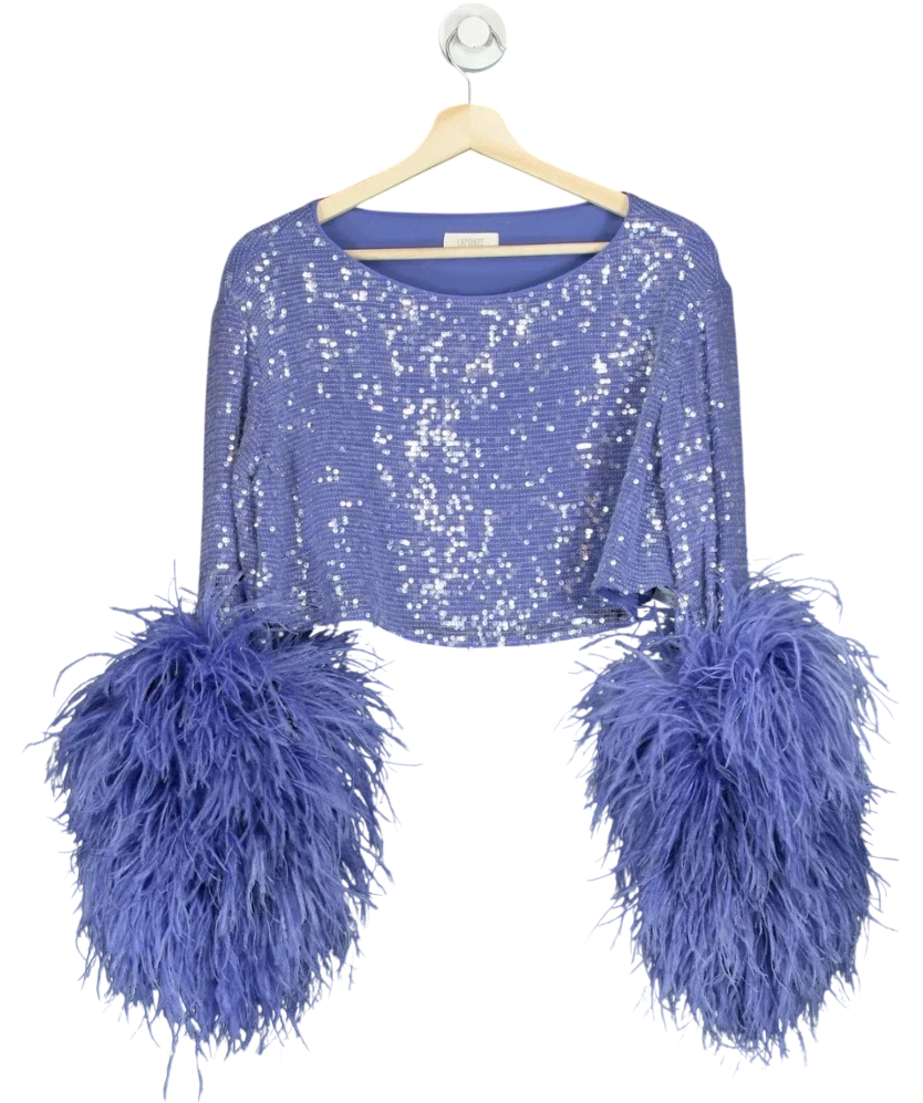 Lapointe Blue Ostrich Feather Cuff Sequin Crop Top Periwinkle, size UK S — front