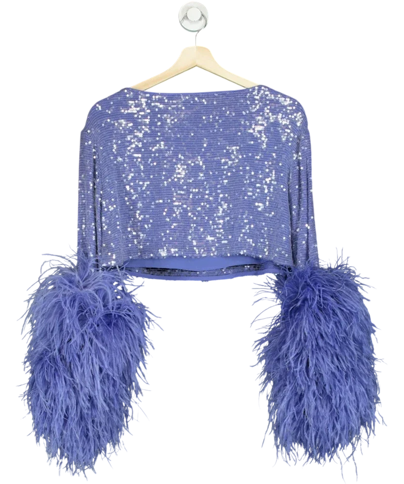Lapointe Blue Ostrich Feather Cuff Sequin Crop Top Periwinkle, size UK S — back