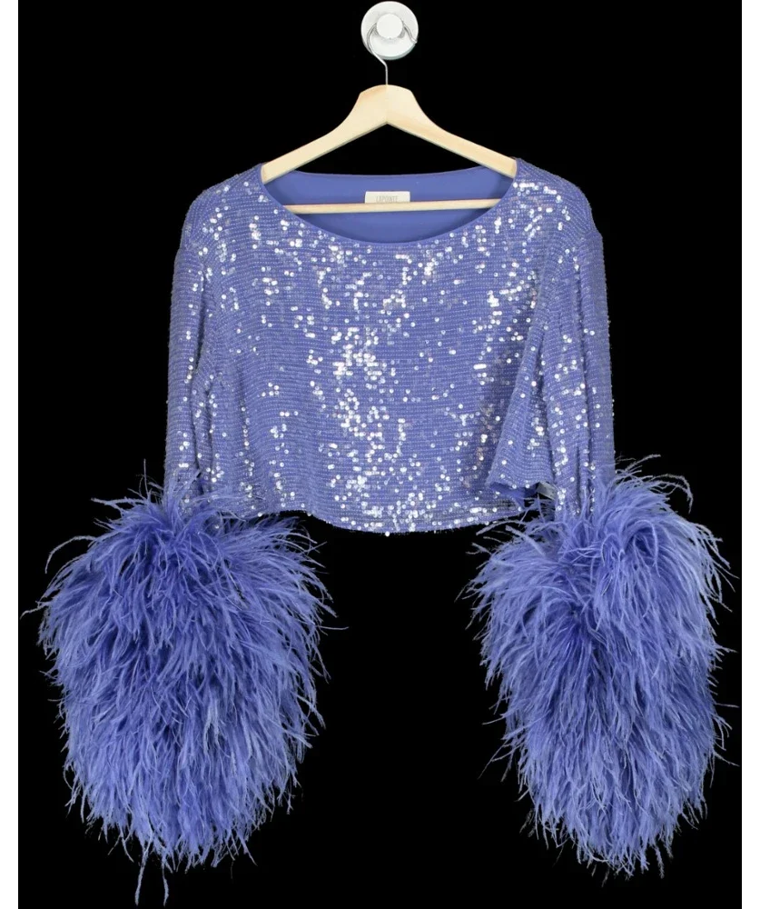 Lapointe Blue Ostrich Feather Cuff Sequin Crop Top Periwinkle, size UK S — label