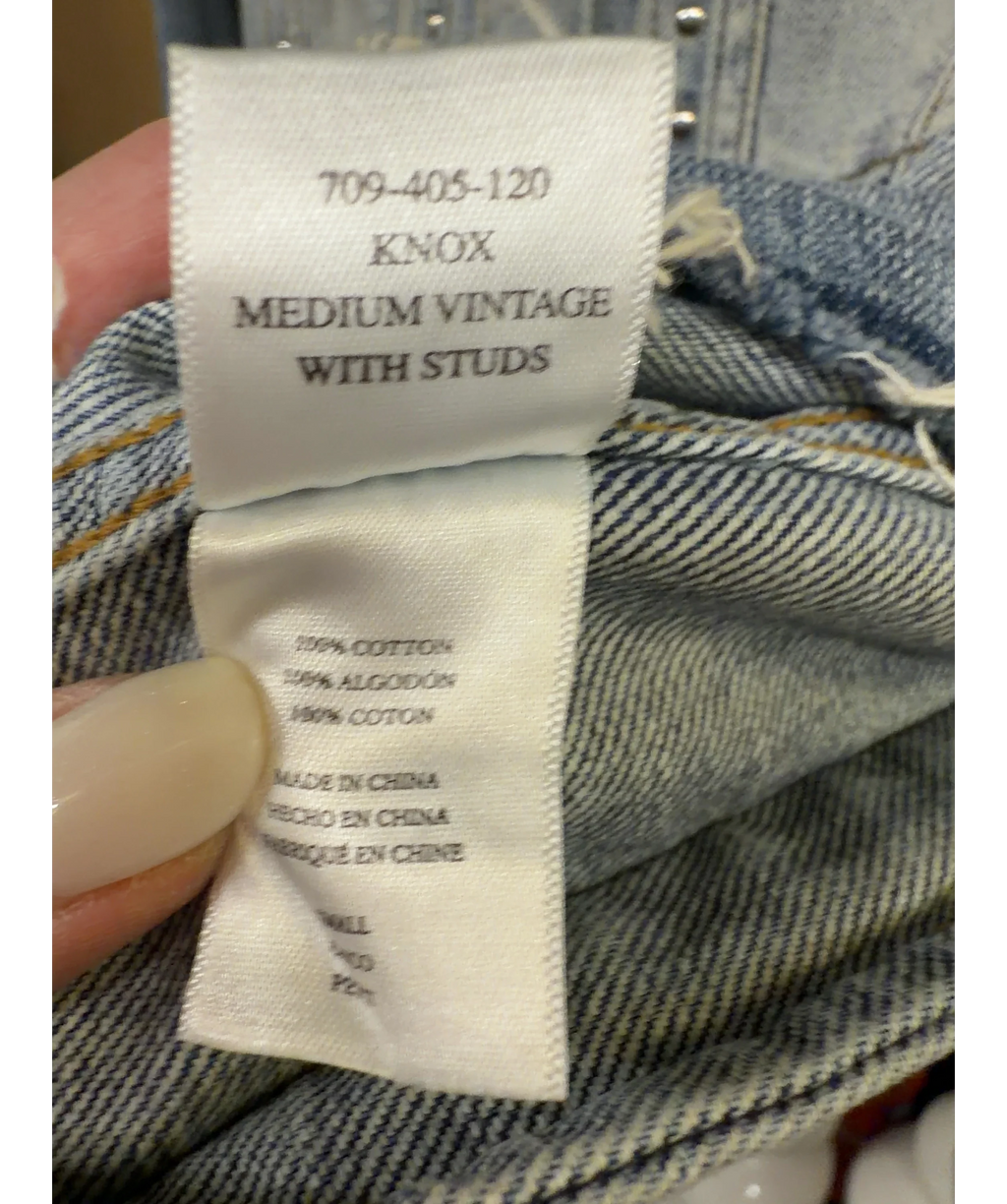 Rails Blue Knox Studded Distressed Denim Jacket, size UK S — label