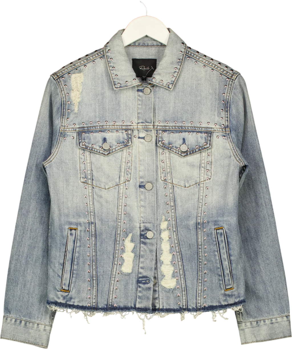 Rails Blue Knox Studded Distressed Denim Jacket, size UK S — front