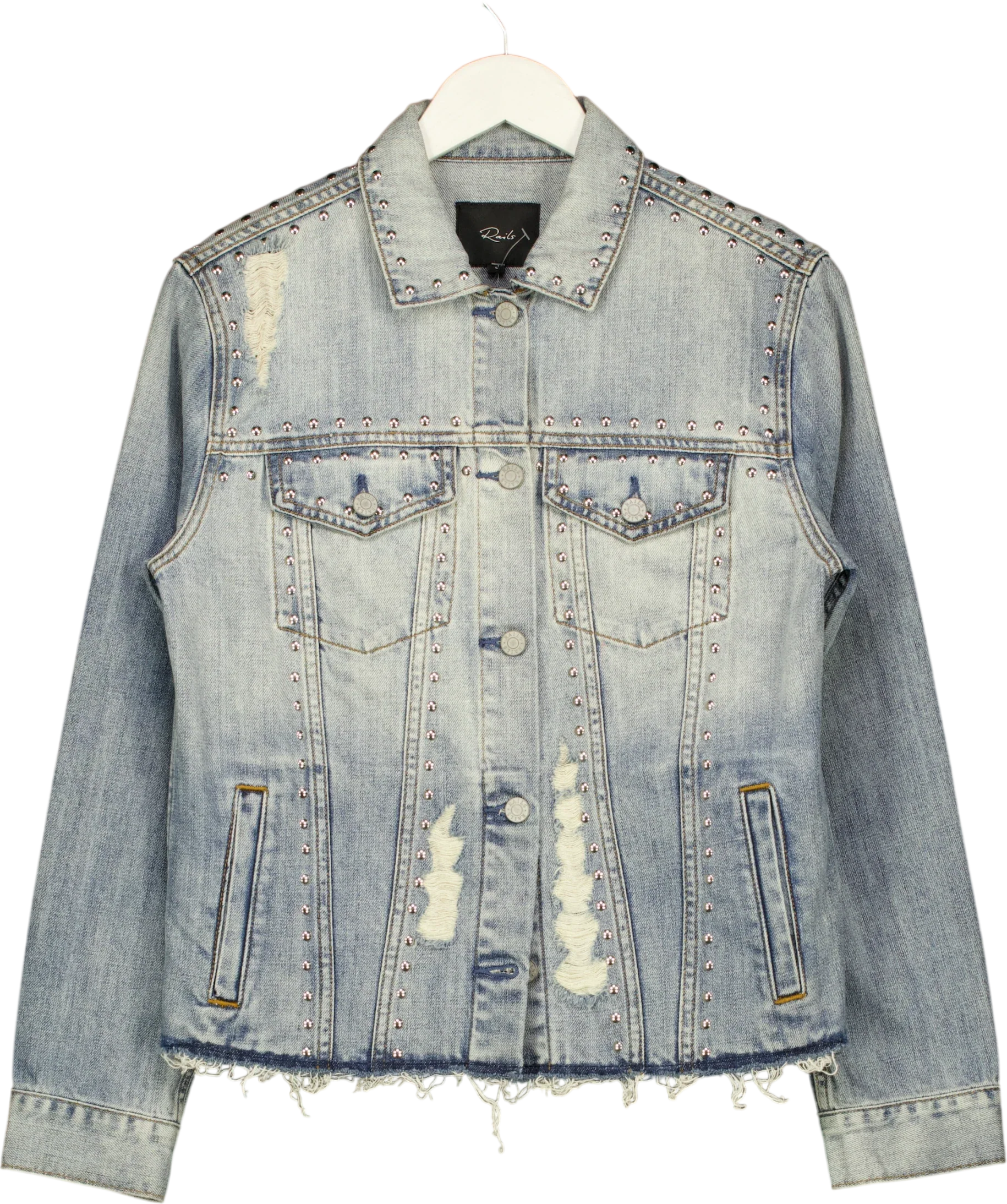 Rails Blue Knox Studded Distressed Denim Jacket, size UK S — front