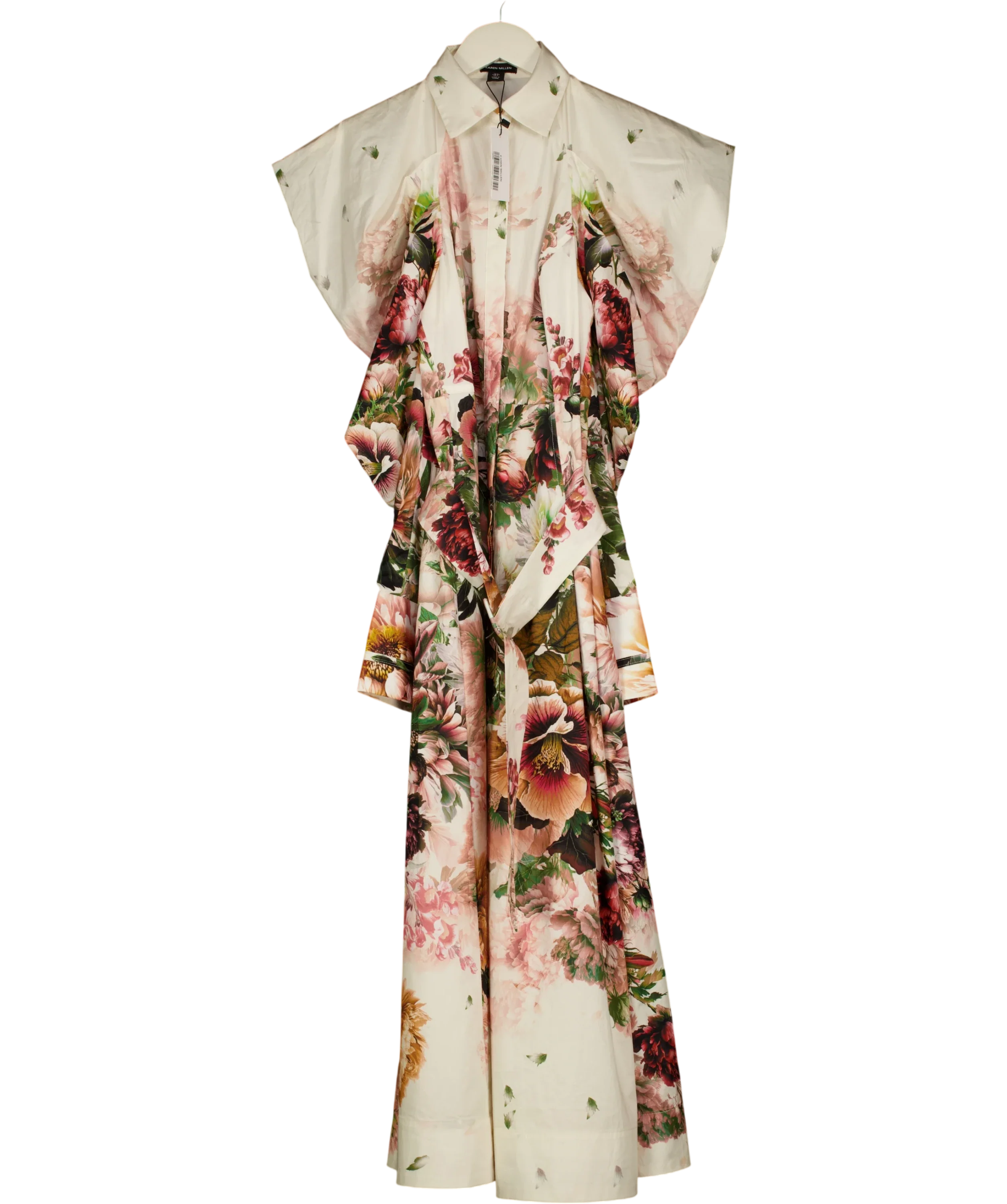 KAREN MILLEN Cream Placed Floral Cotton Sateen Midi Dress, size UK 6 — front