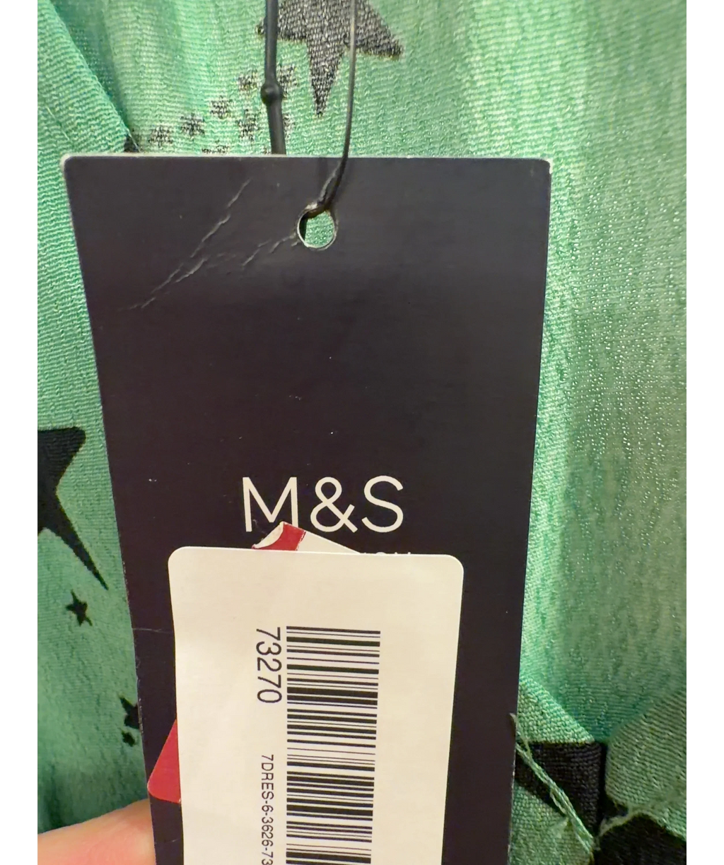 M&S Green Star Print V-Neck Midi Tea Dress, size UK 14 — detail